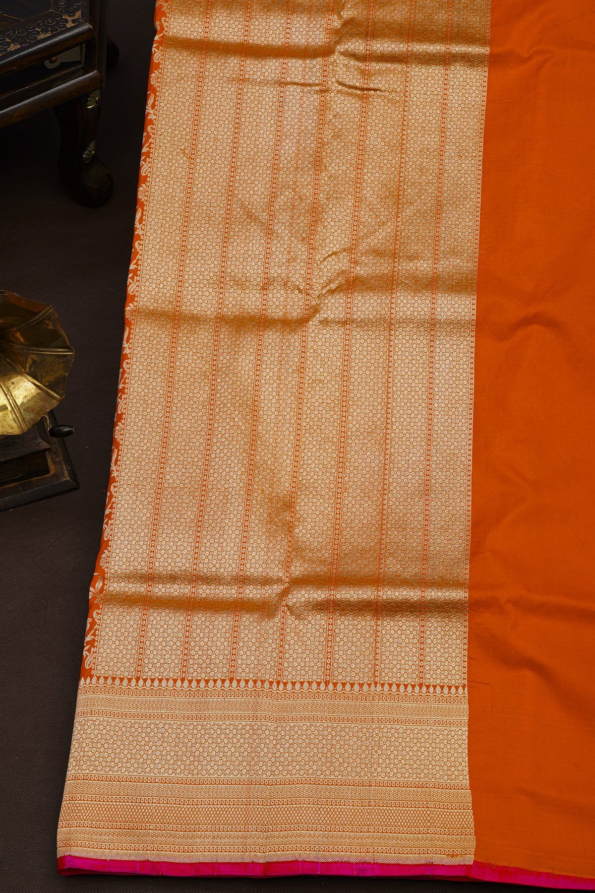 Banarasi Silk Orange Saree With Florals And Leaves Jaal Border