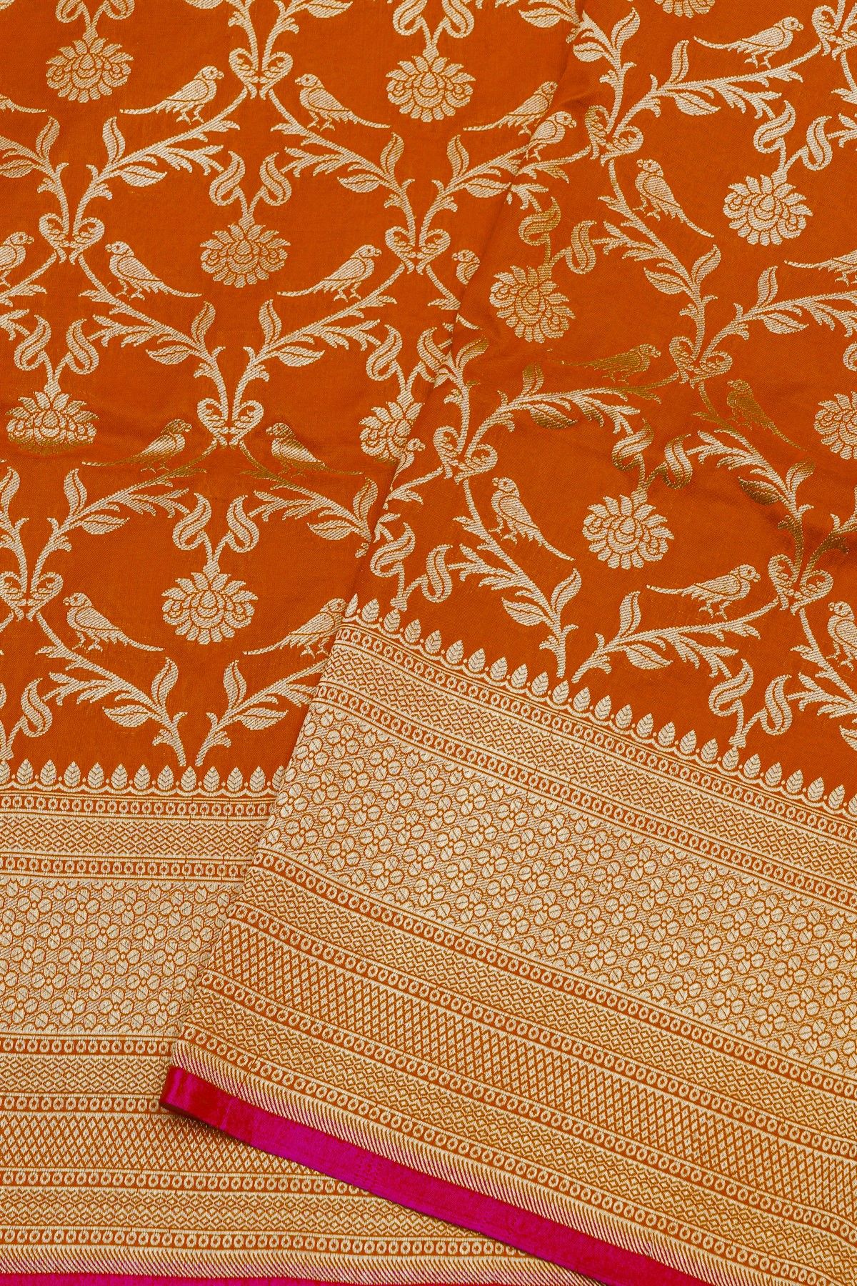 Banarasi Silk Orange Saree With Florals And Leaves Jaal Border