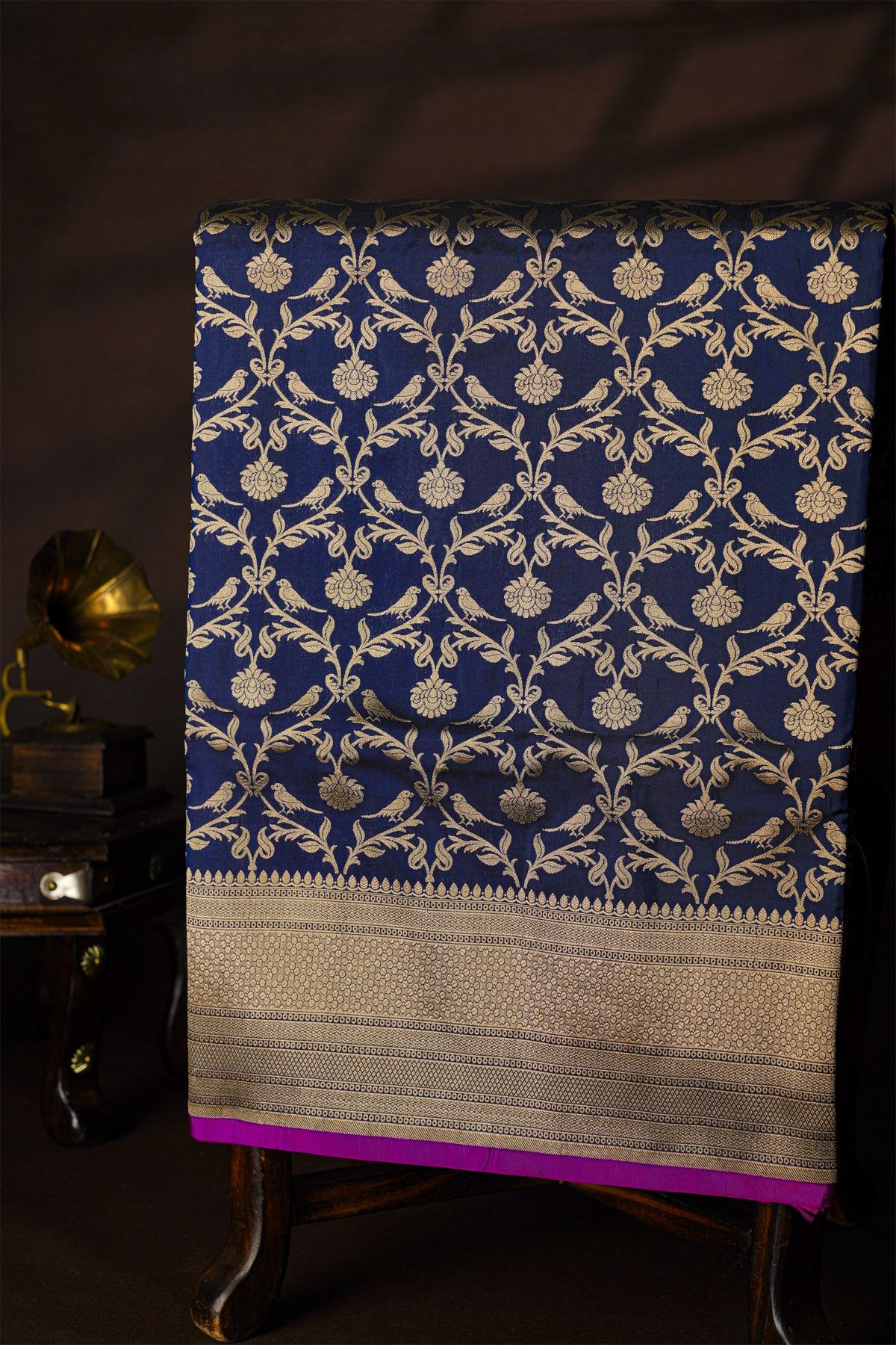 Banarasi Silk Navy Blue Saree With Florals In Zari Border