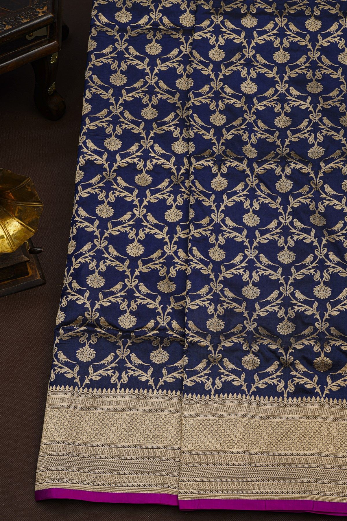Banarasi Silk Navy Blue Saree With Florals In Zari Border