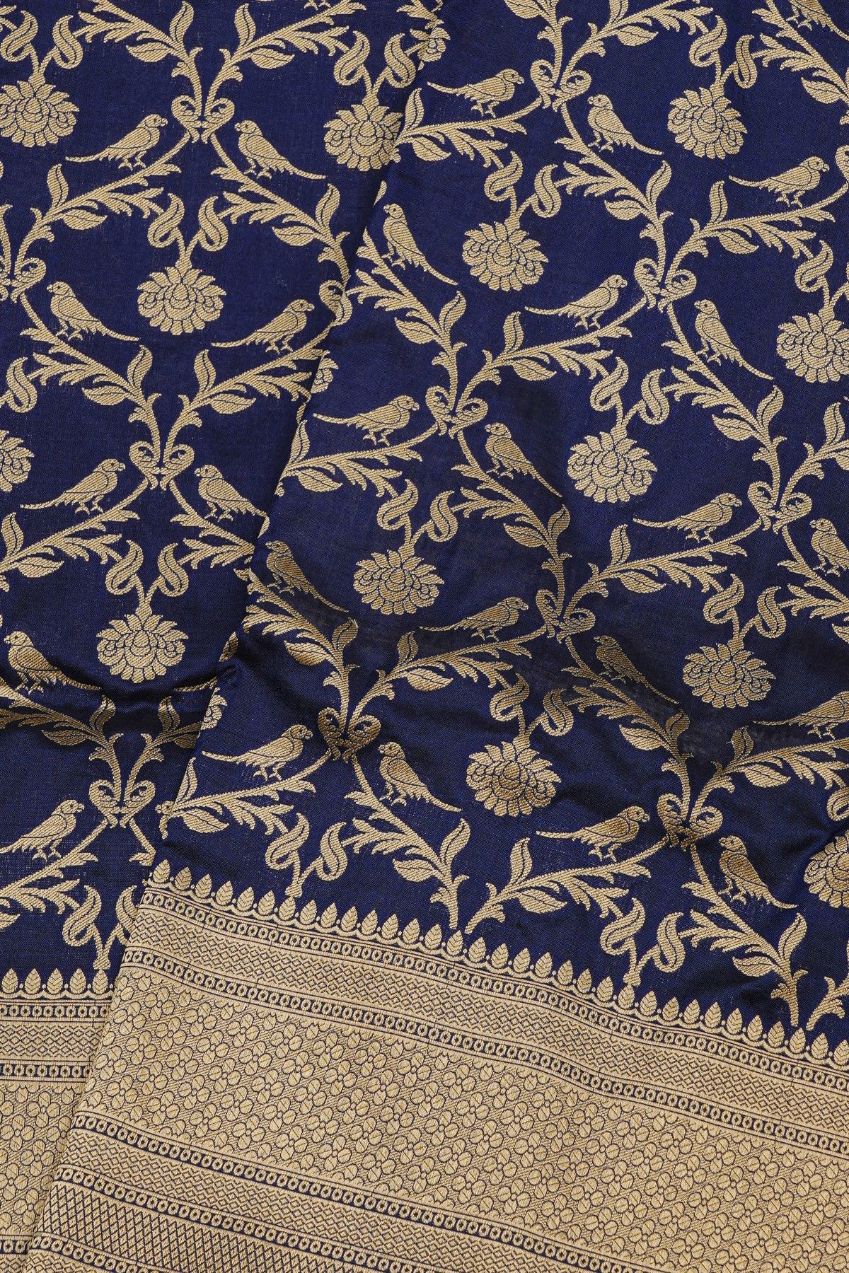 Banarasi Silk Navy Blue Saree With Florals In Zari Border