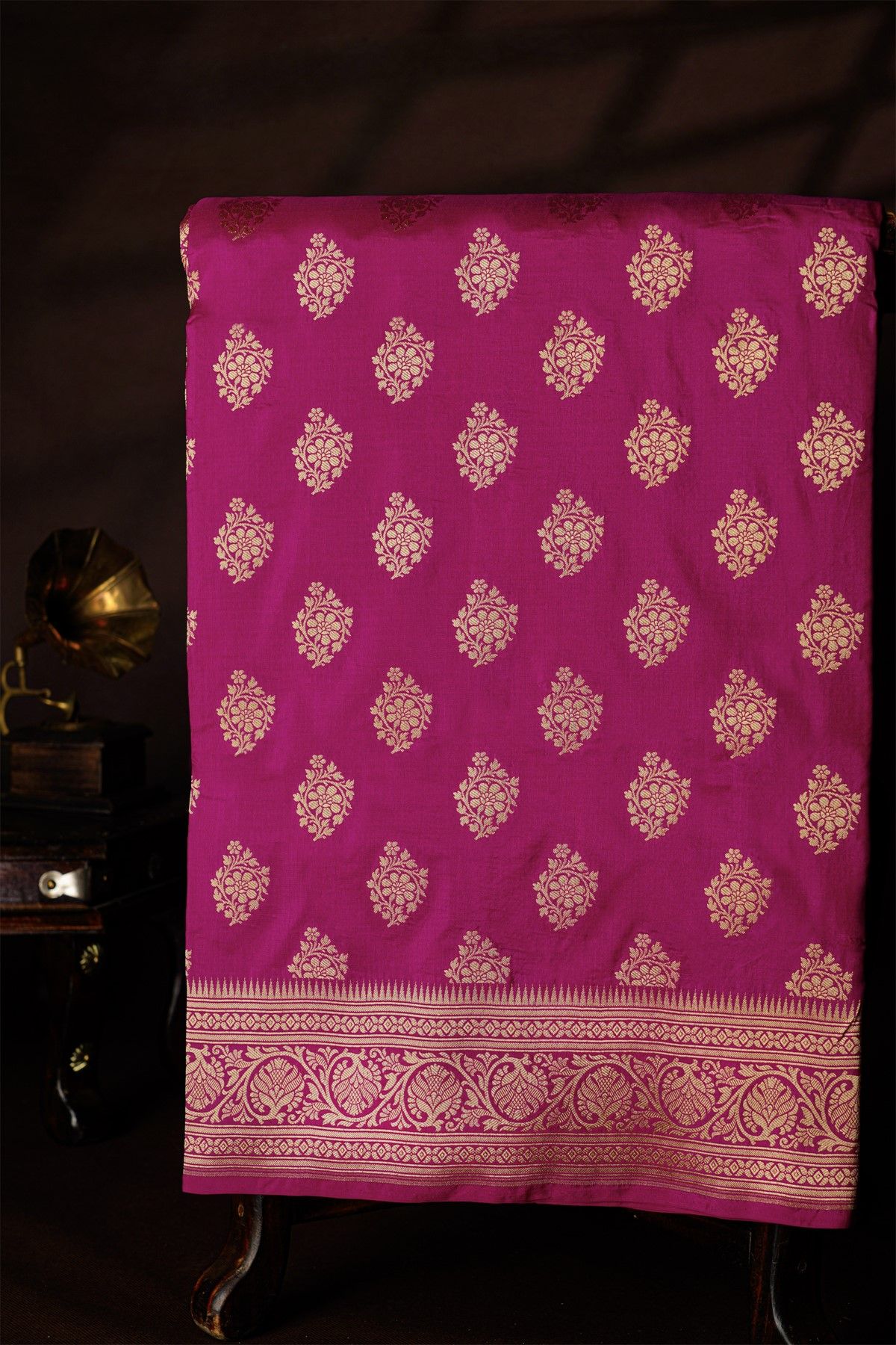 Banarasi Silk Rani Pink Saree With Florals And Leaves Jaal Border