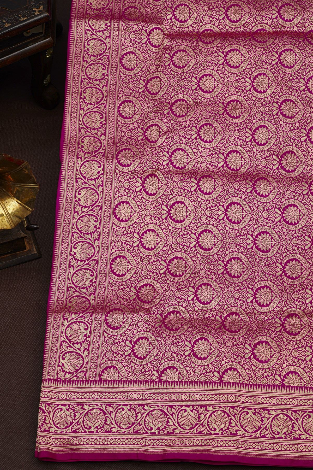 Banarasi Silk Rani Pink Saree With Florals And Leaves Jaal Border