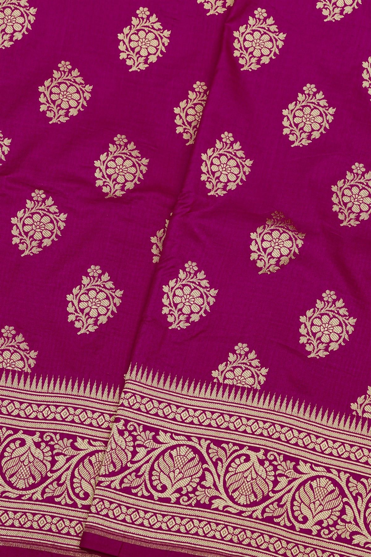 Banarasi Silk Rani Pink Saree With Florals And Leaves Jaal Border