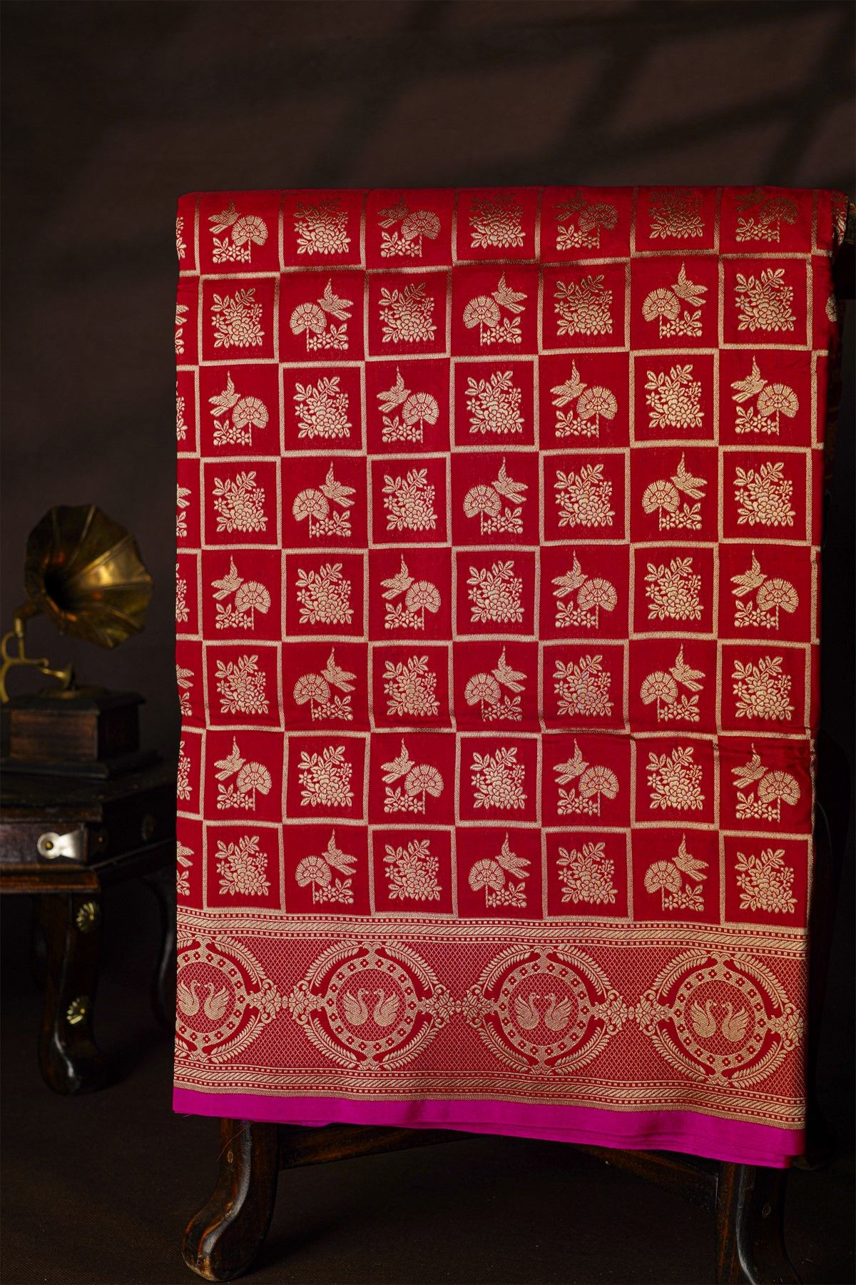 Banarasi Silk Red Saree With Swans And Florals Border