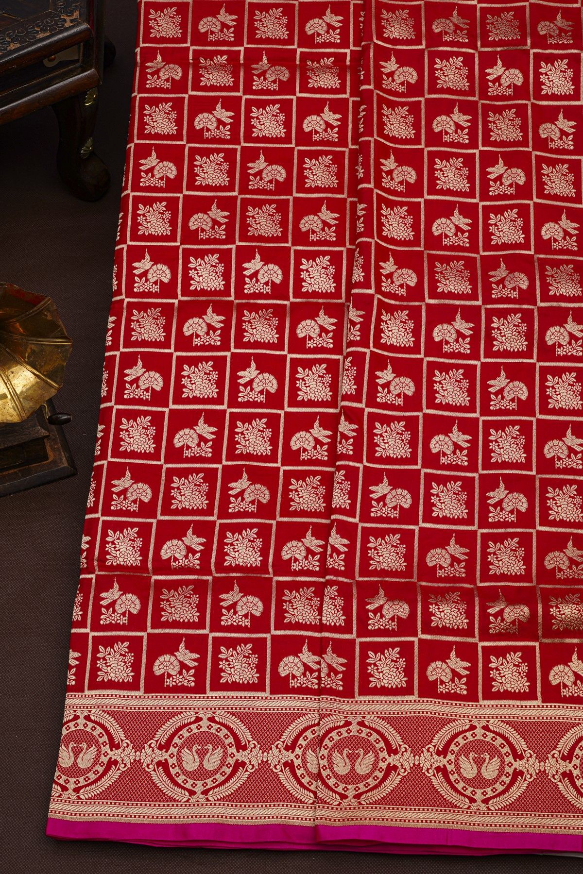 Banarasi Silk Red Saree With Swans And Florals Border