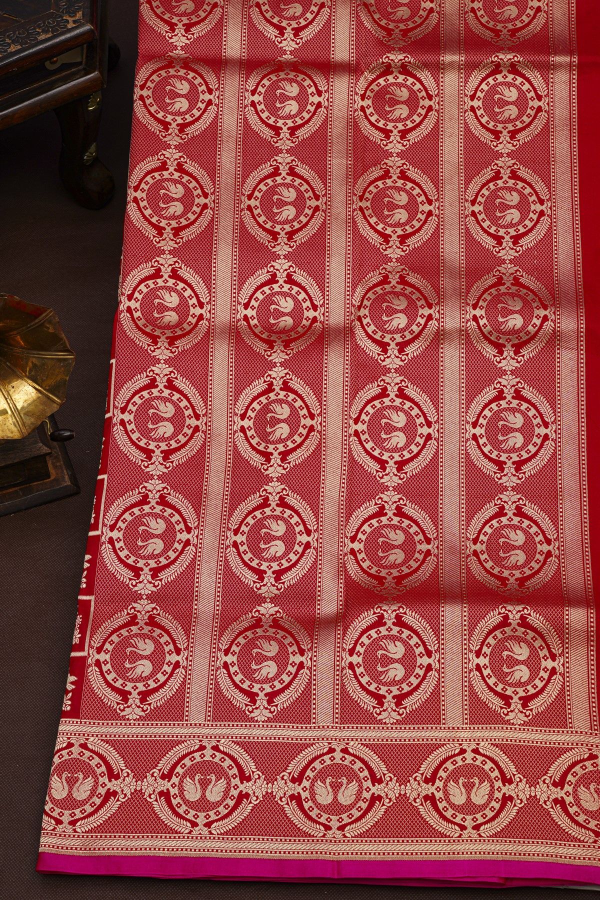 Banarasi Silk Red Saree With Swans And Florals Border