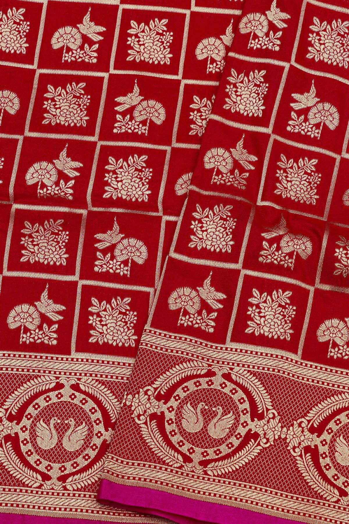 Banarasi Silk Red Saree With Swans And Florals Border