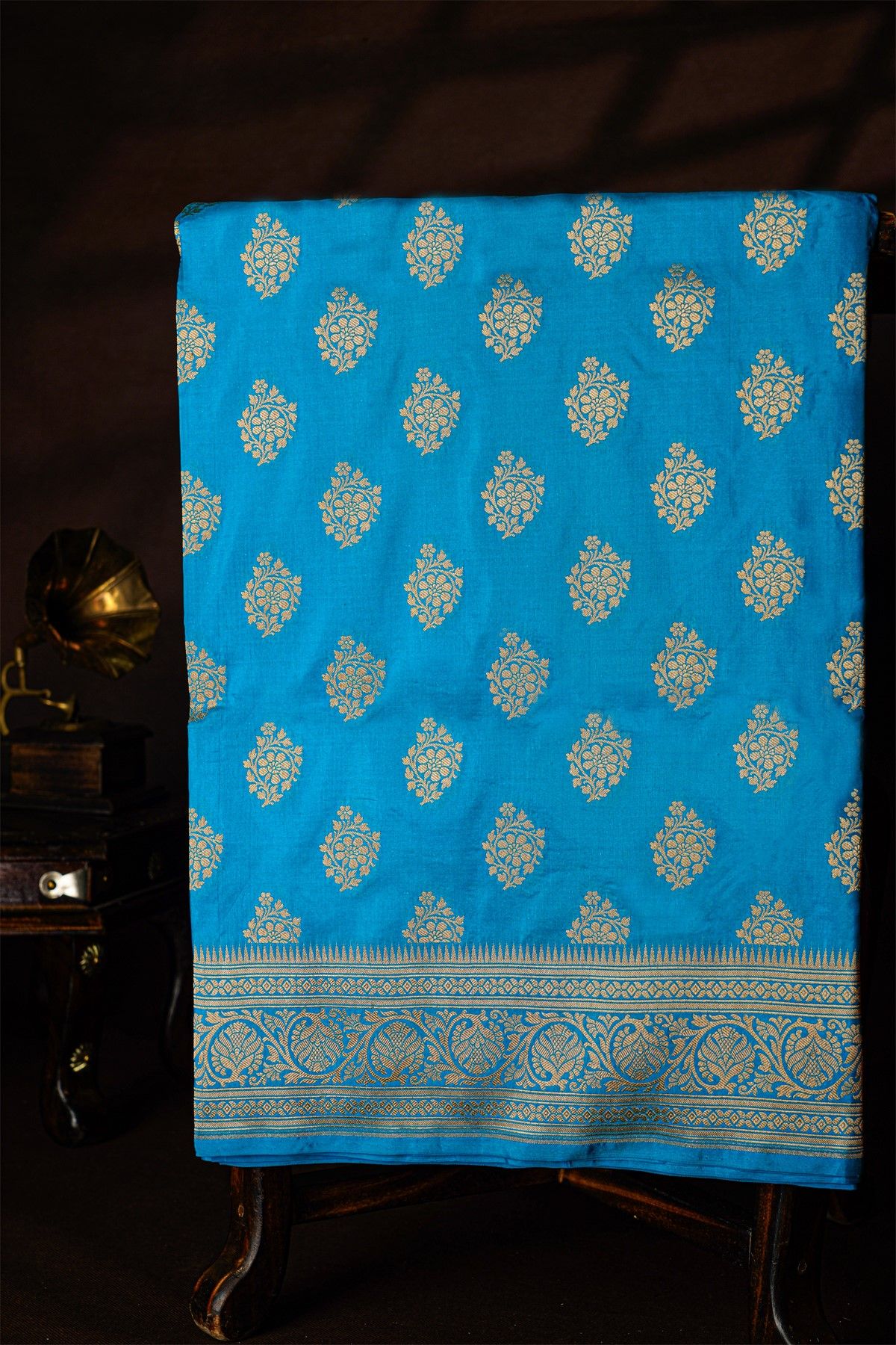 Banarasi Silk Sky Blue Saree With Florals And Leaves Jaal Border