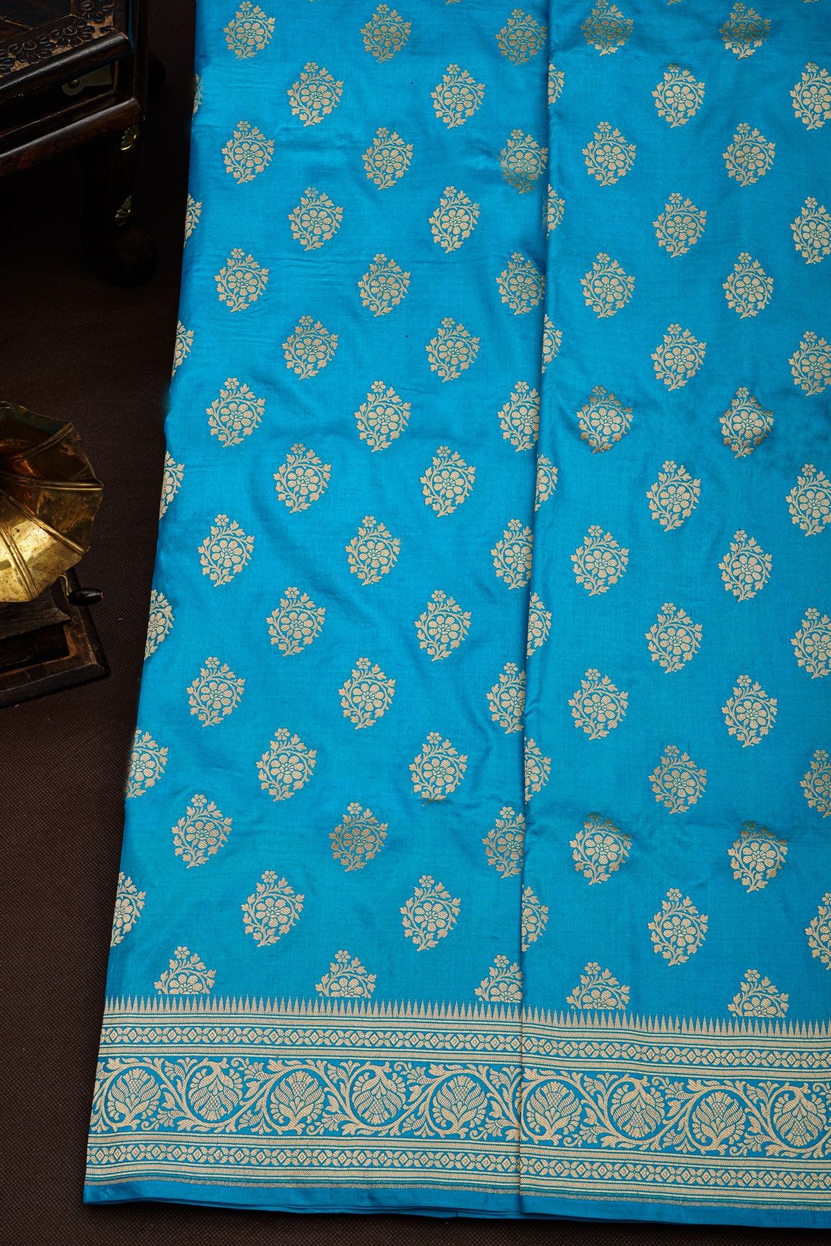 Banarasi Silk Sky Blue Saree With Florals And Leaves Jaal Border