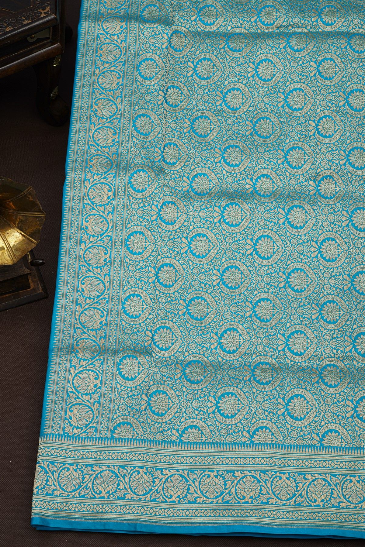 Banarasi Silk Sky Blue Saree With Florals And Leaves Jaal Border