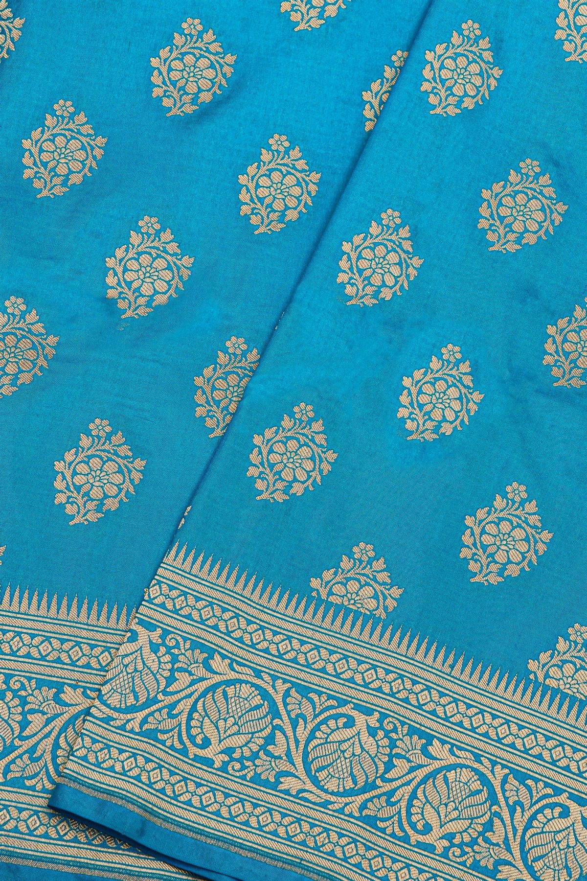 Banarasi Silk Sky Blue Saree With Florals And Leaves Jaal Border