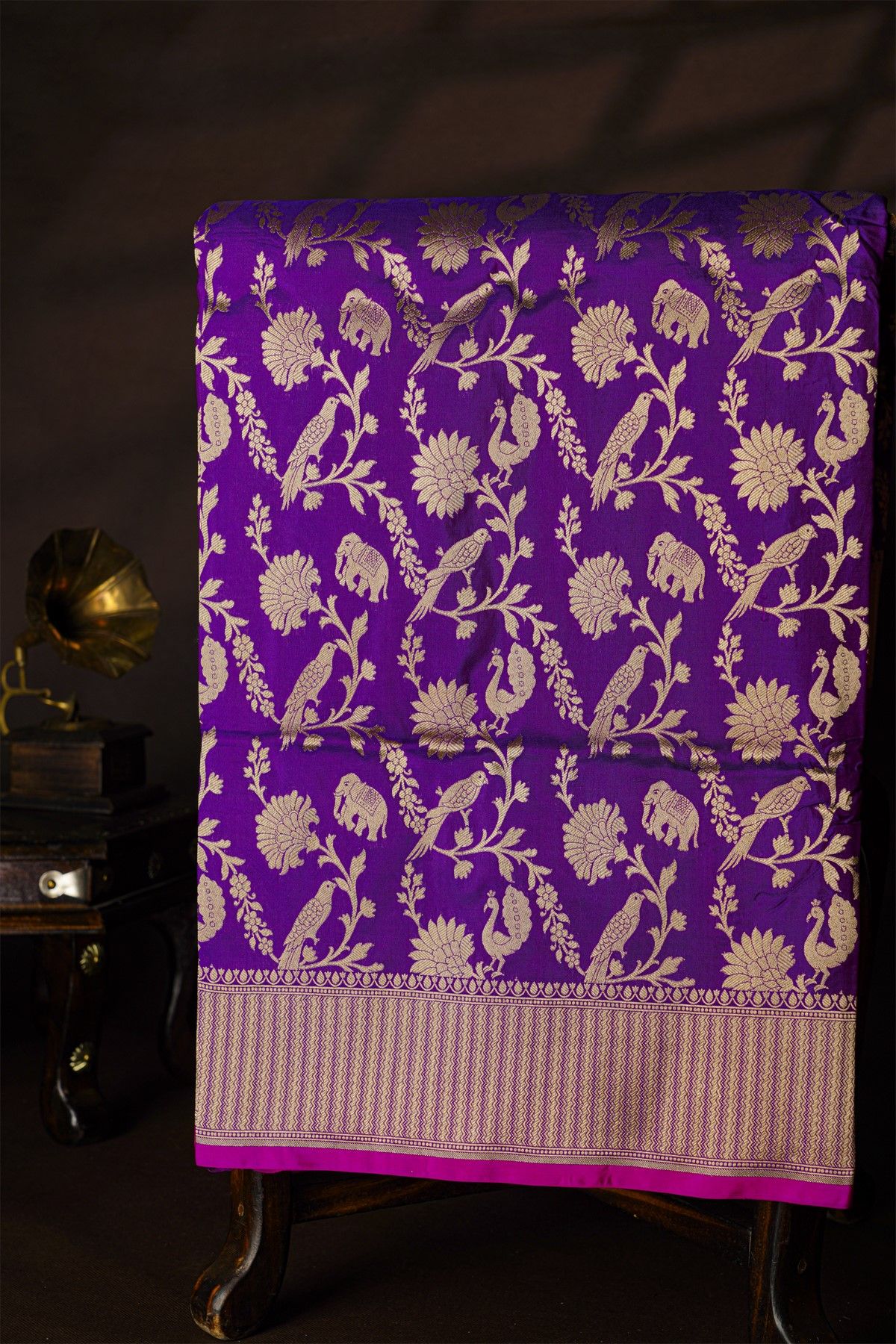 Banarasi Silk Purple Saree With Zig-Zag Lines Border