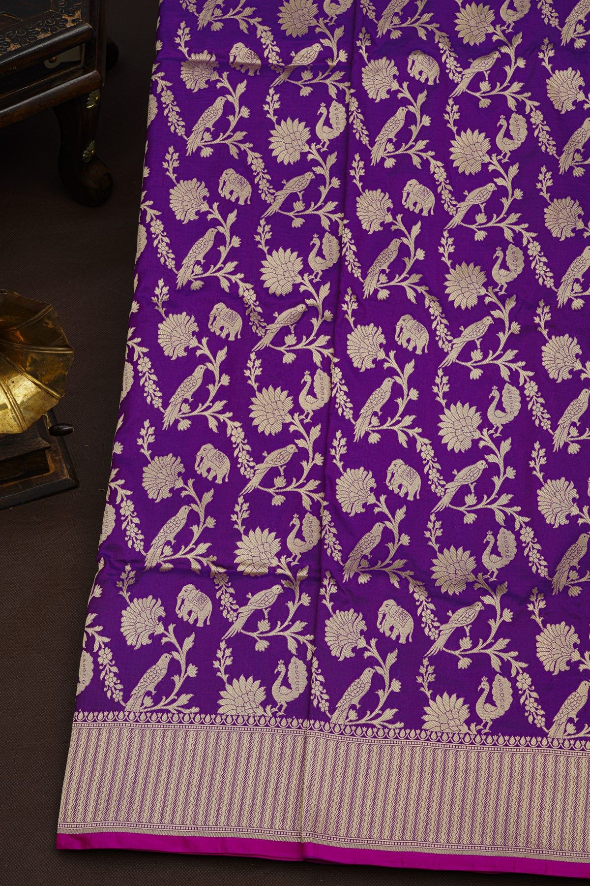 Banarasi Silk Purple Saree With Zig-Zag Lines Border