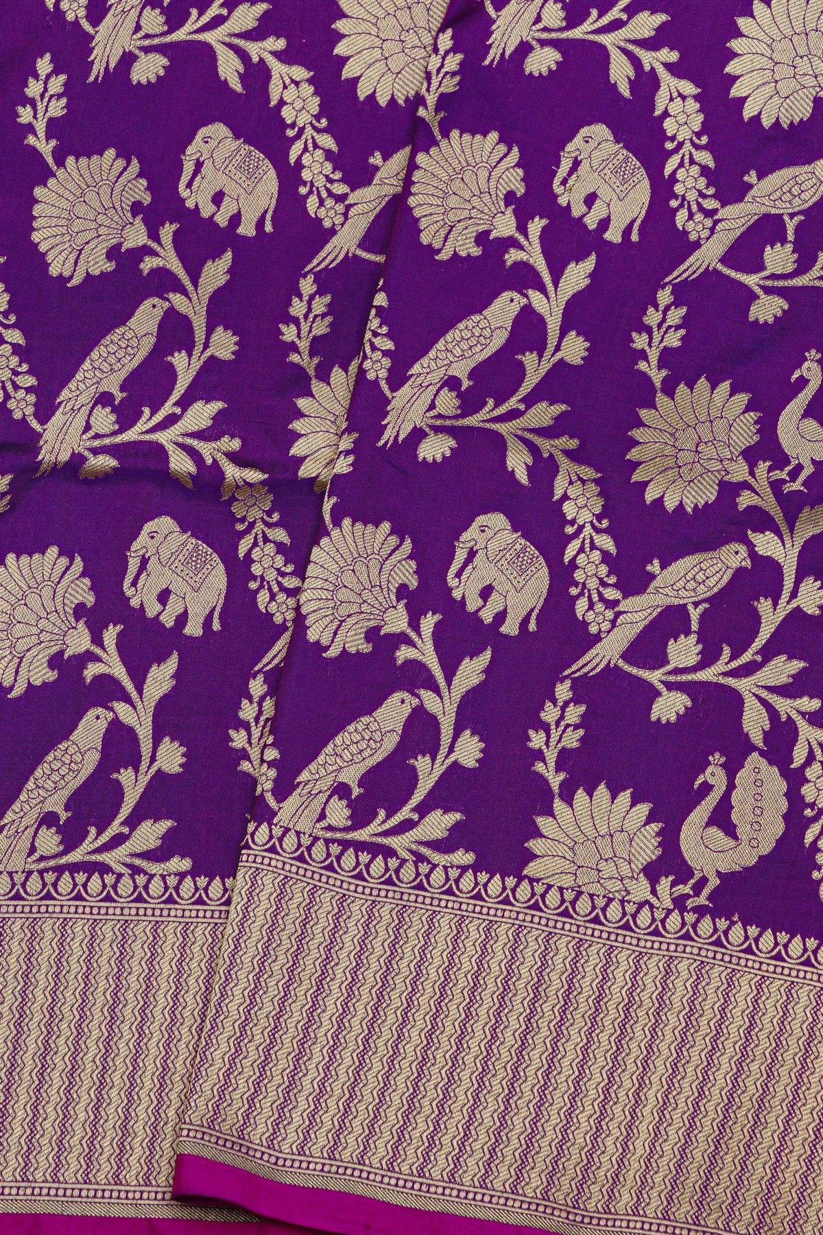 Banarasi Silk Purple Saree With Zig-Zag Lines Border