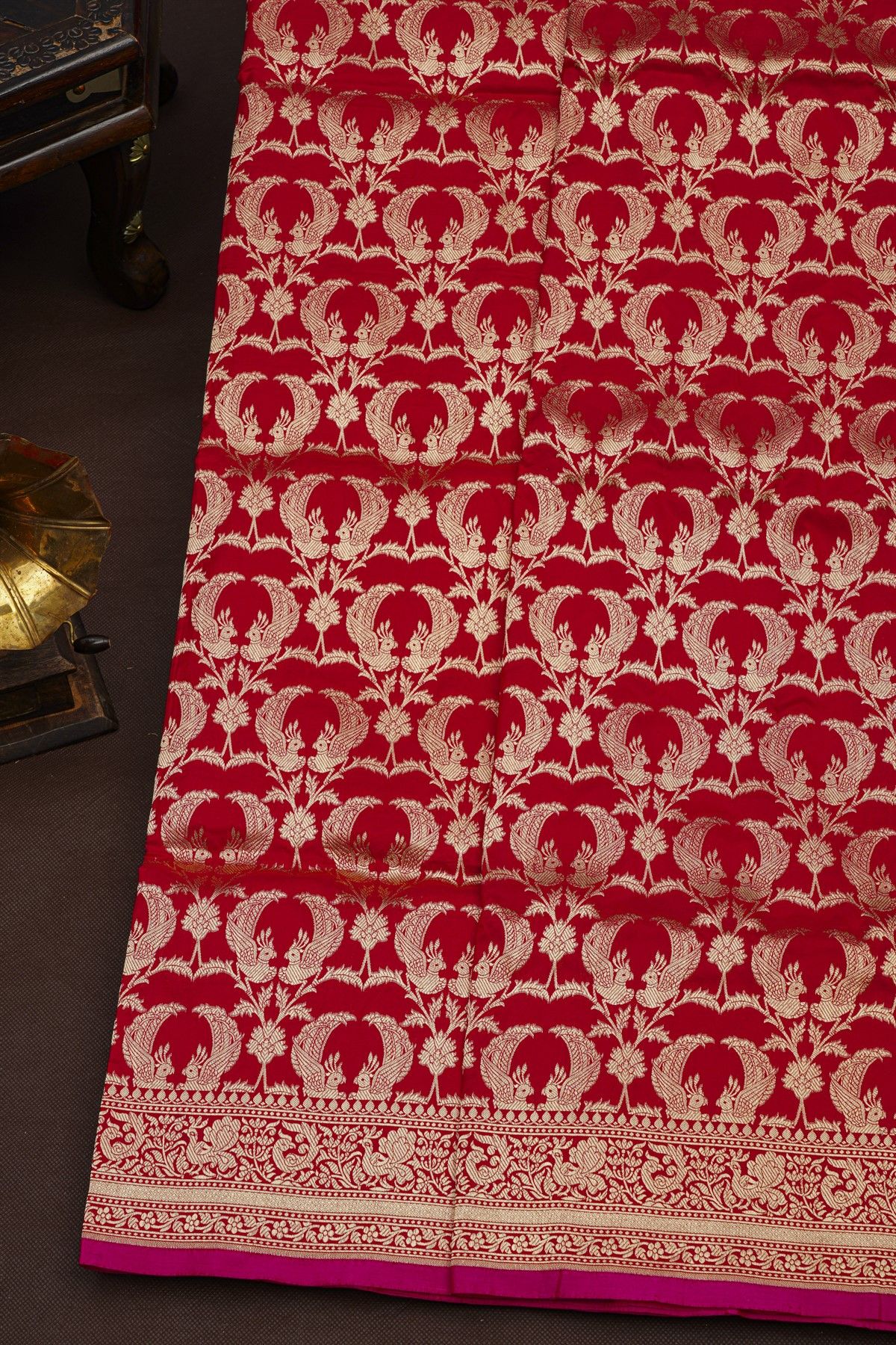 Banarasi Silk Red Saree With Florals And Leaves With Birds Body