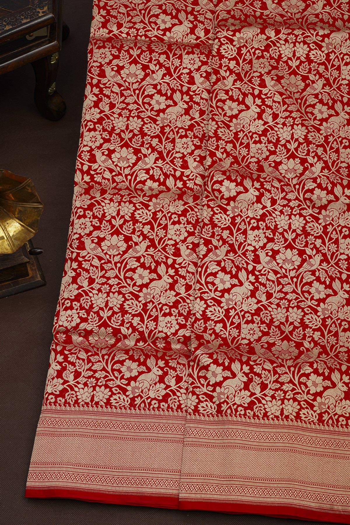 Banarasi Silk Red Saree With All Over Animal Theme Body
