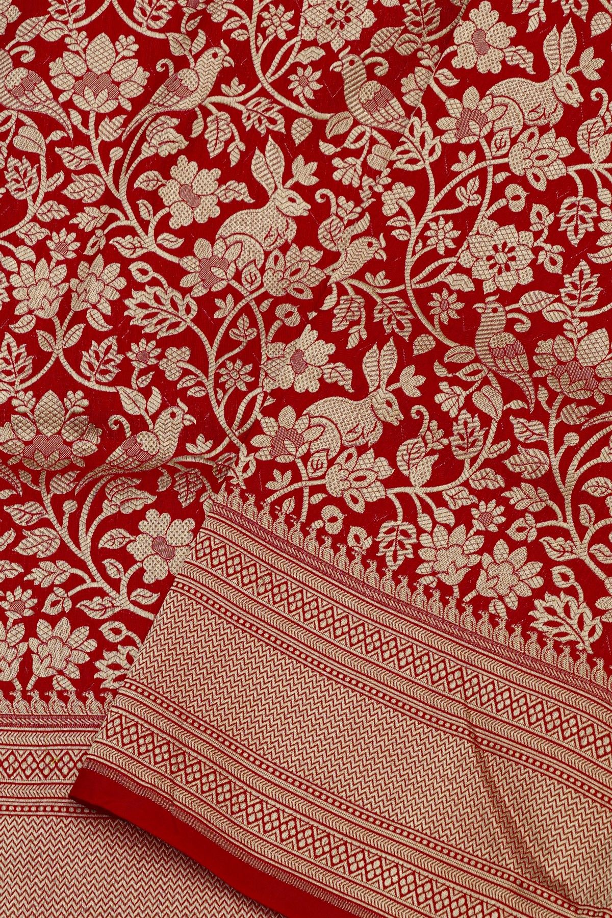 Banarasi Silk Red Saree With All Over Animal Theme Body
