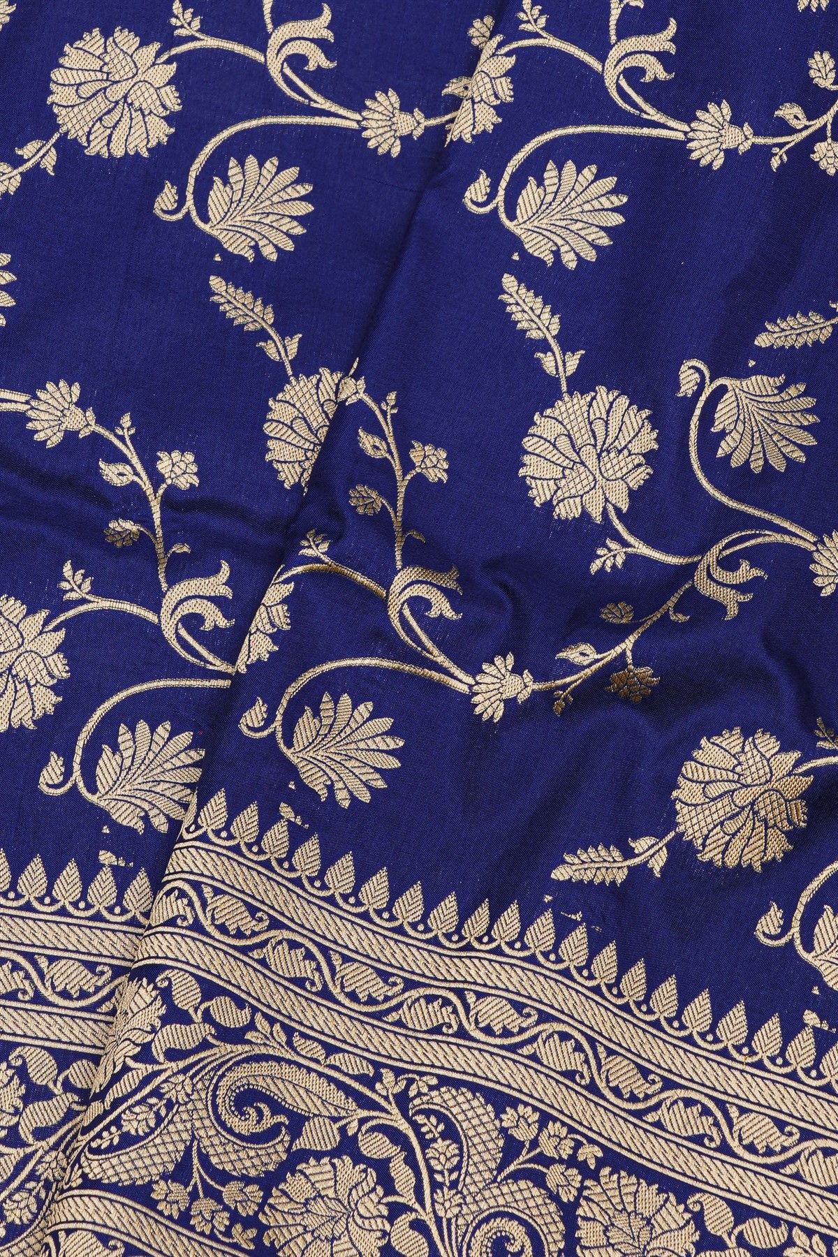 Banarasi Silk Royal Blue Saree With Floral And Leaf Jaal Body