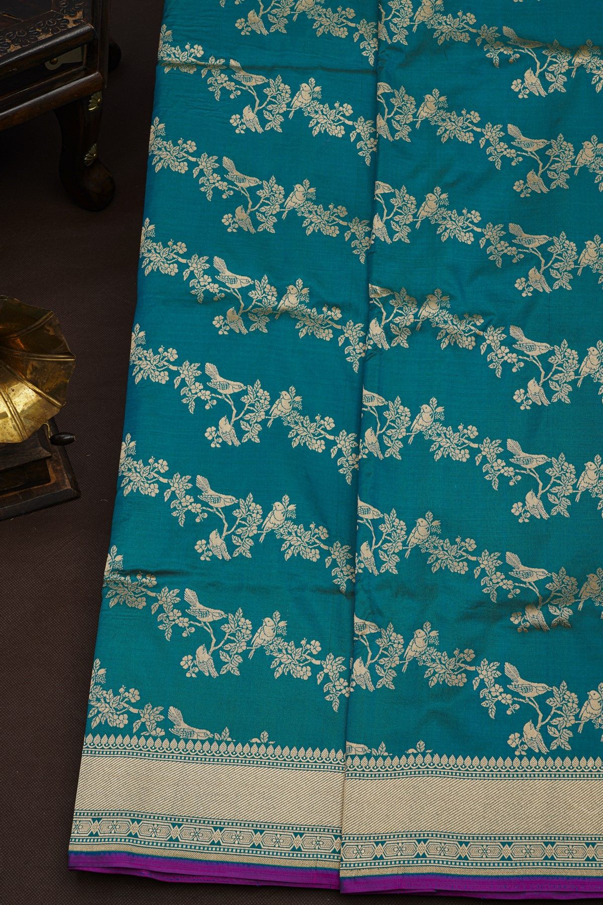 Banarasi Silk Peacock Blue Saree With Cross Lines In Zari Border