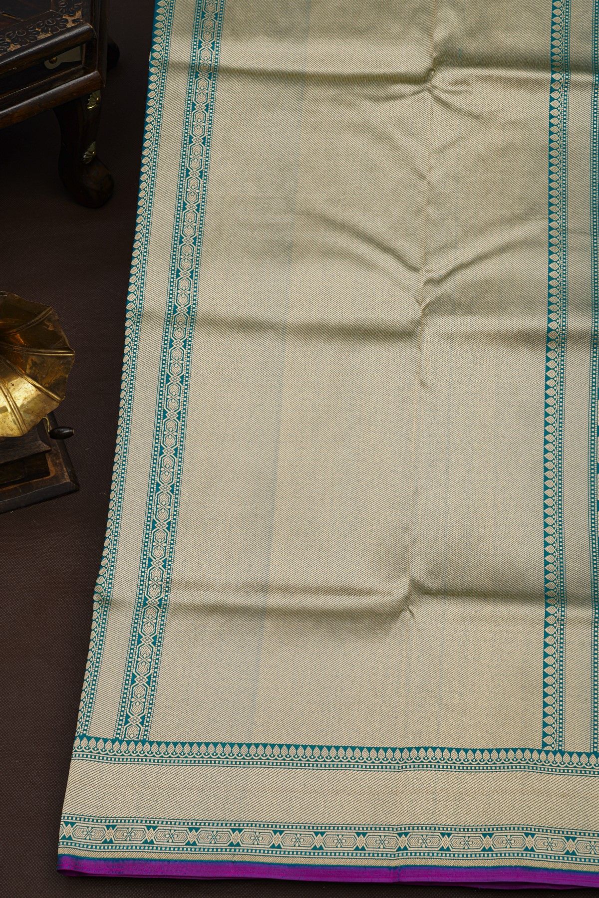 Banarasi Silk Peacock Blue Saree With Cross Lines In Zari Border