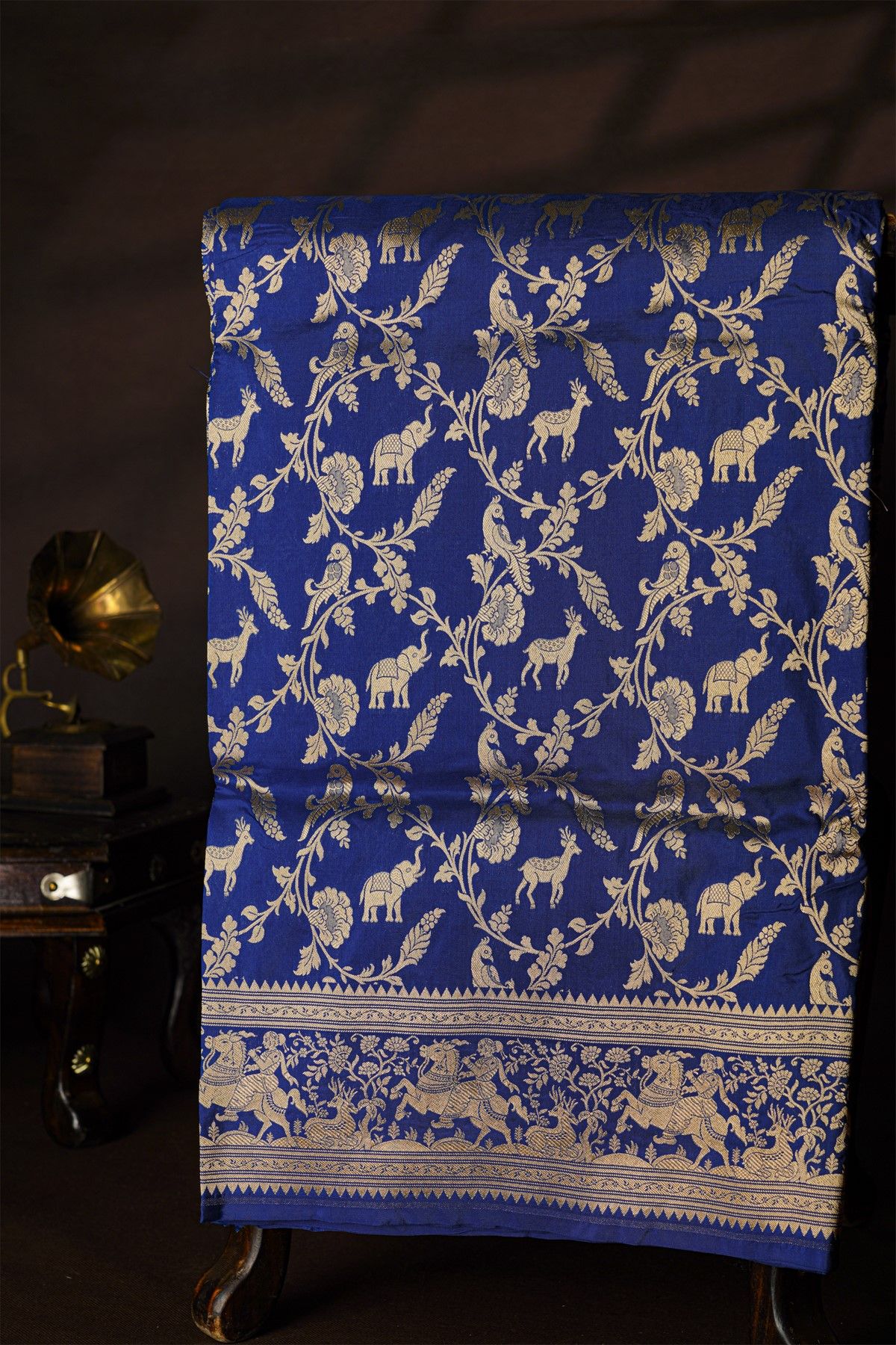 Banarasi Silk Royal Blue Saree With Florals And Animal Border