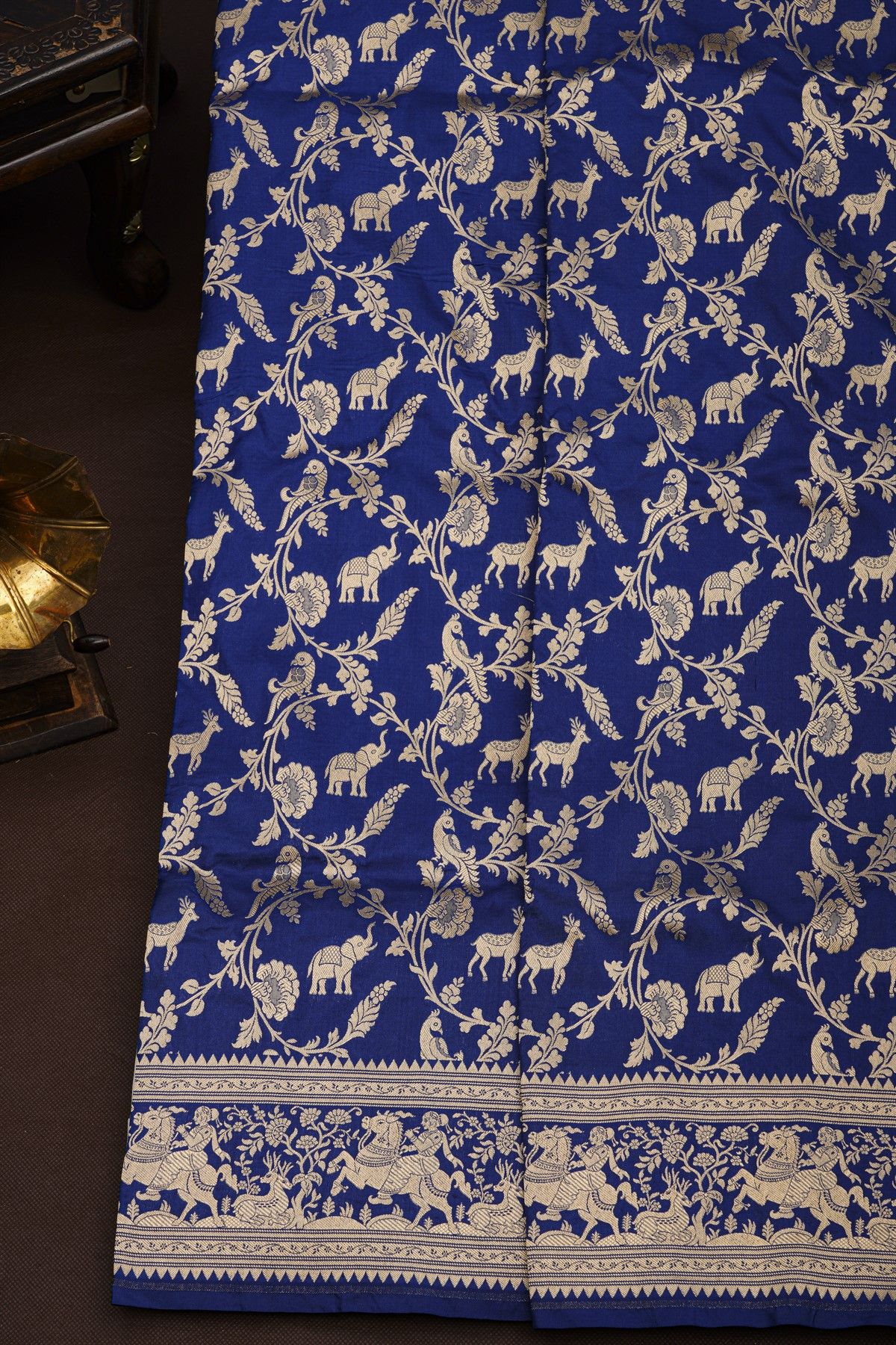 Banarasi Silk Royal Blue Saree With Florals And Animal Border