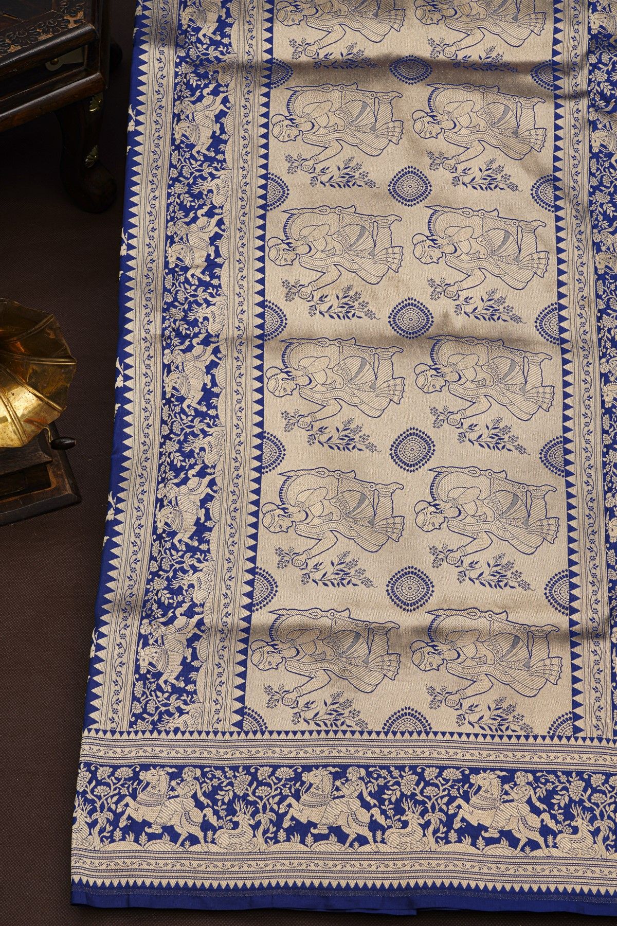 Banarasi Silk Royal Blue Saree With Florals And Animal Border