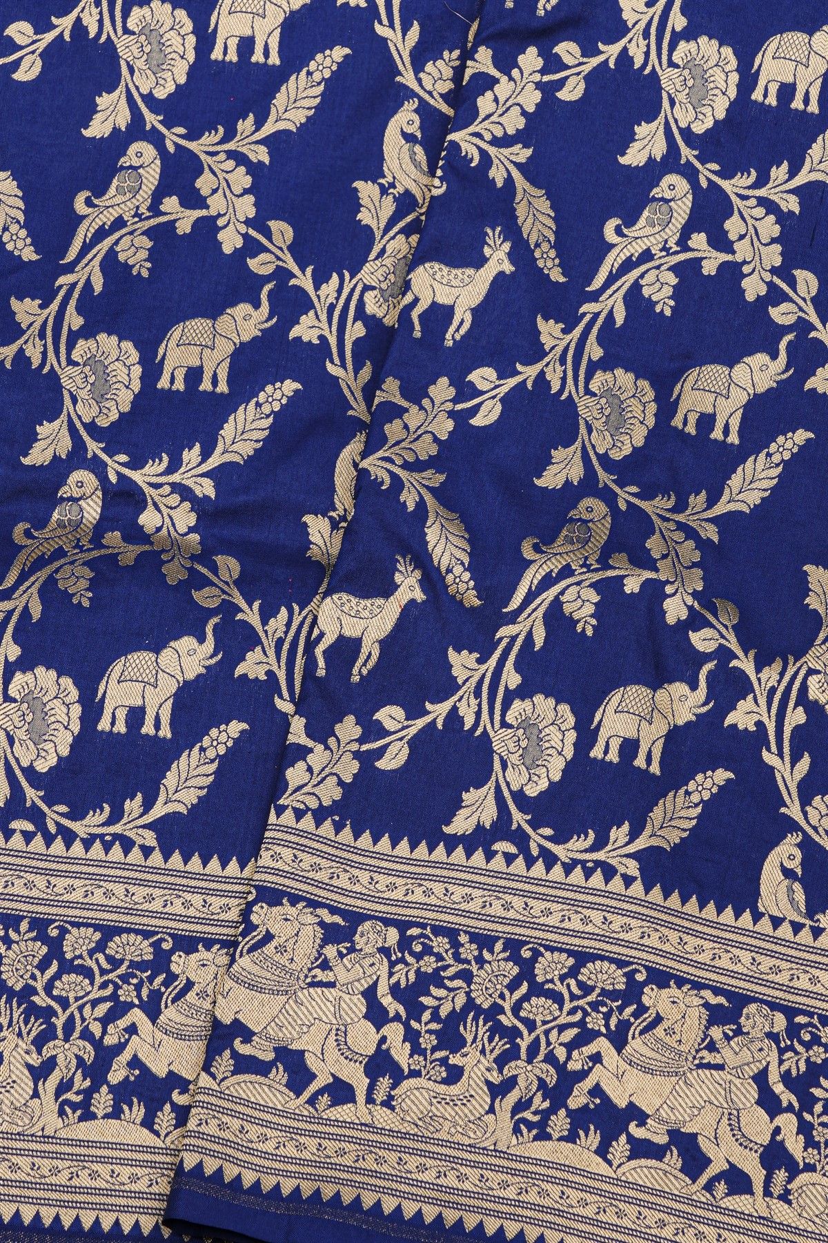 Banarasi Silk Royal Blue Saree With Florals And Animal Border