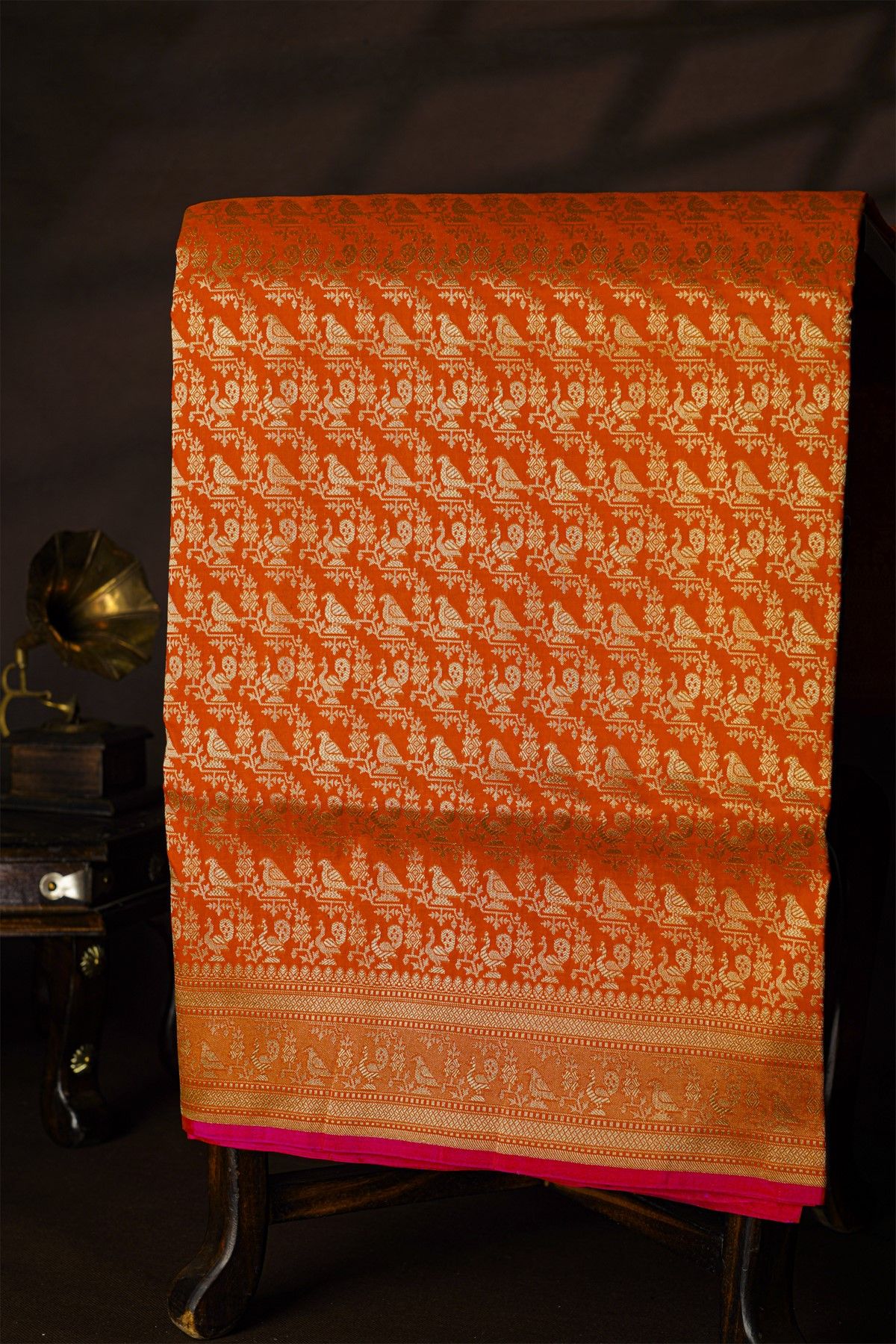 Banarasi Silk Orange Saree With Florals And Birds Body