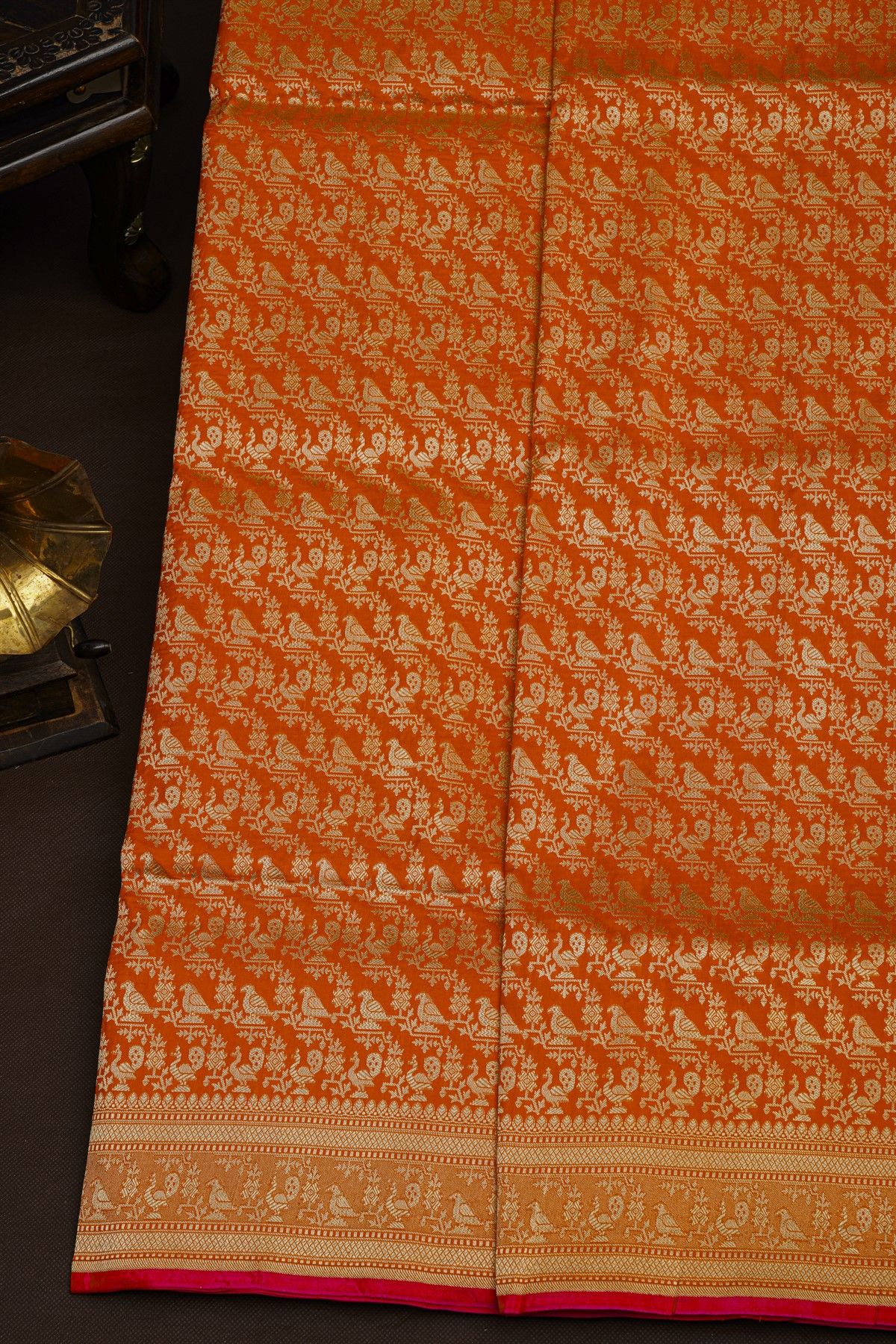 Banarasi Silk Orange Saree With Florals And Birds Body