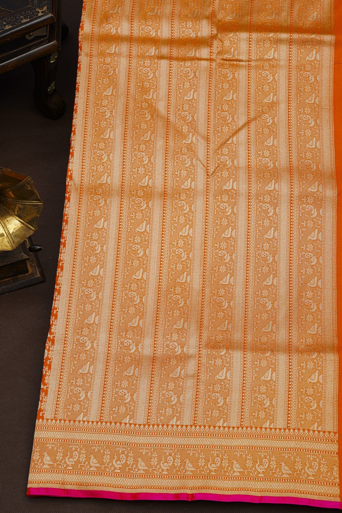 Banarasi Silk Orange Saree With Florals And Birds Body