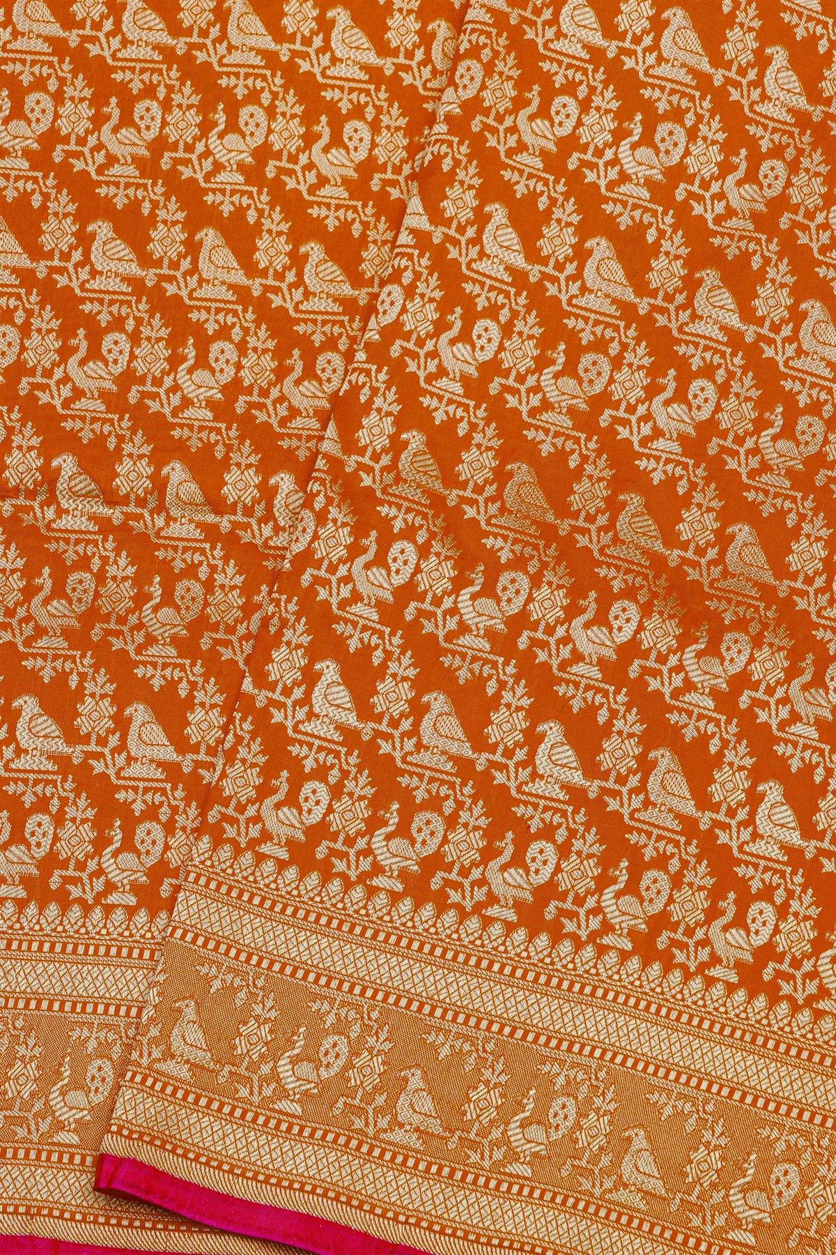 Banarasi Silk Orange Saree With Florals And Birds Body