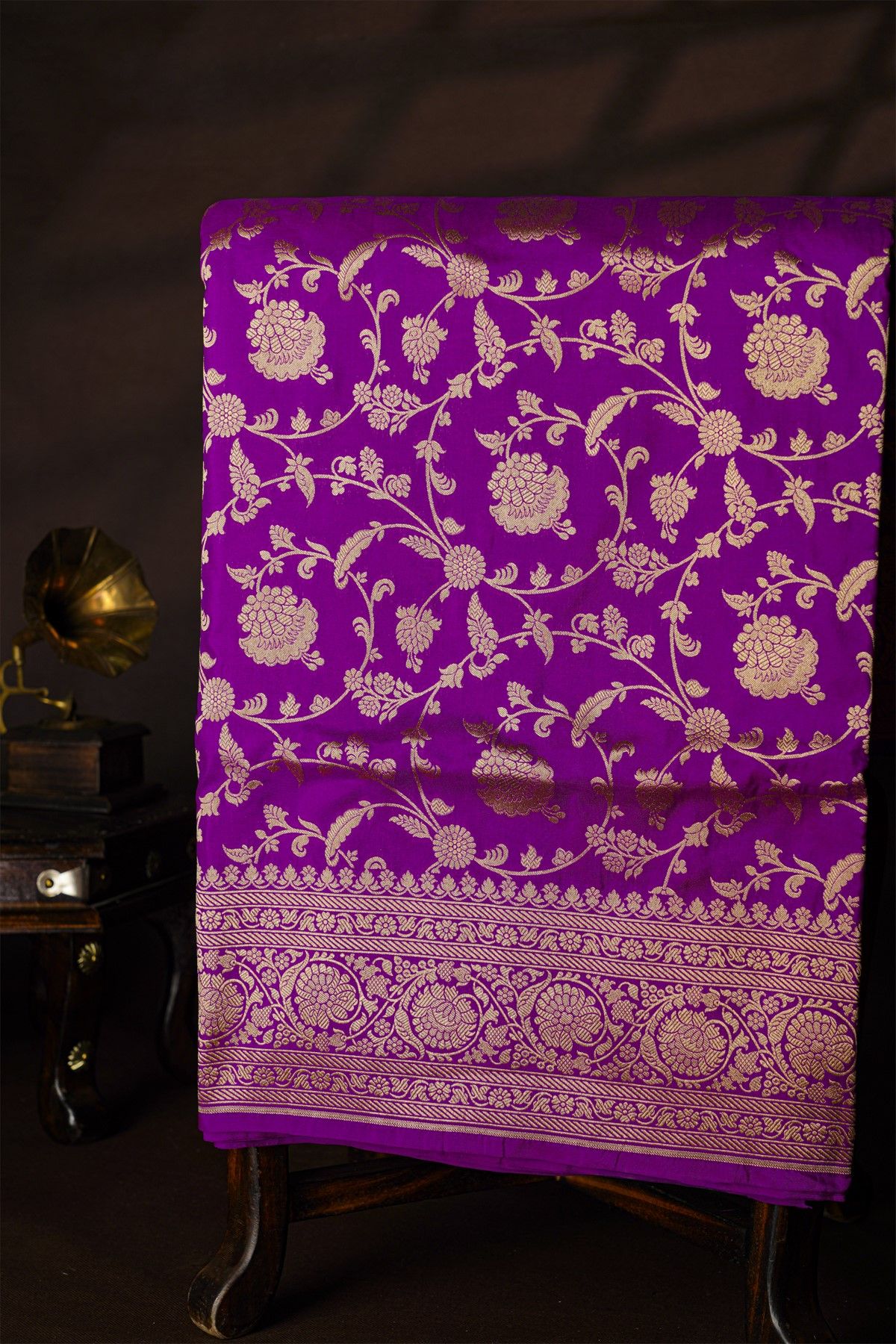 Banarasi Silk Violet Saree With Florals And Leaves Jaal Border