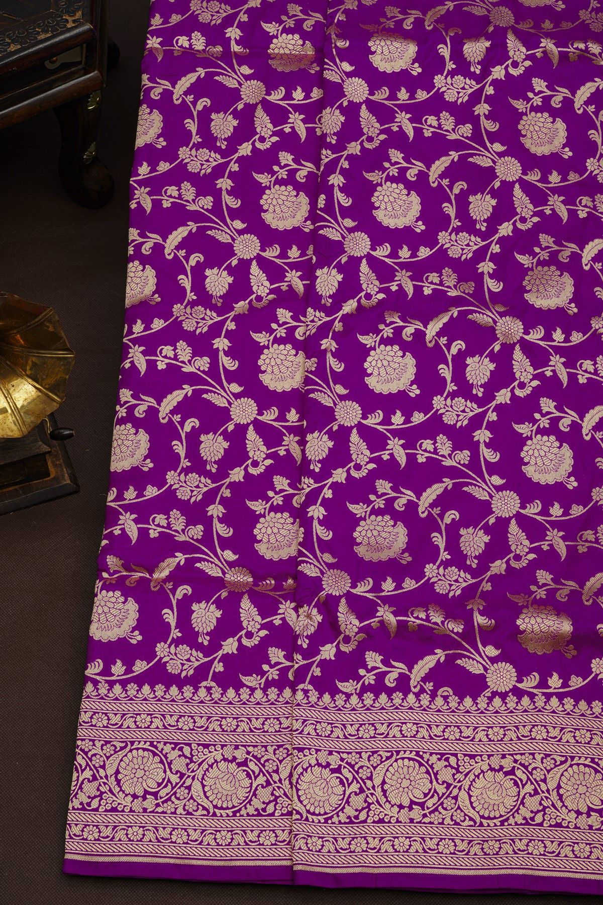 Banarasi Silk Violet Saree With Florals And Leaves Jaal Border