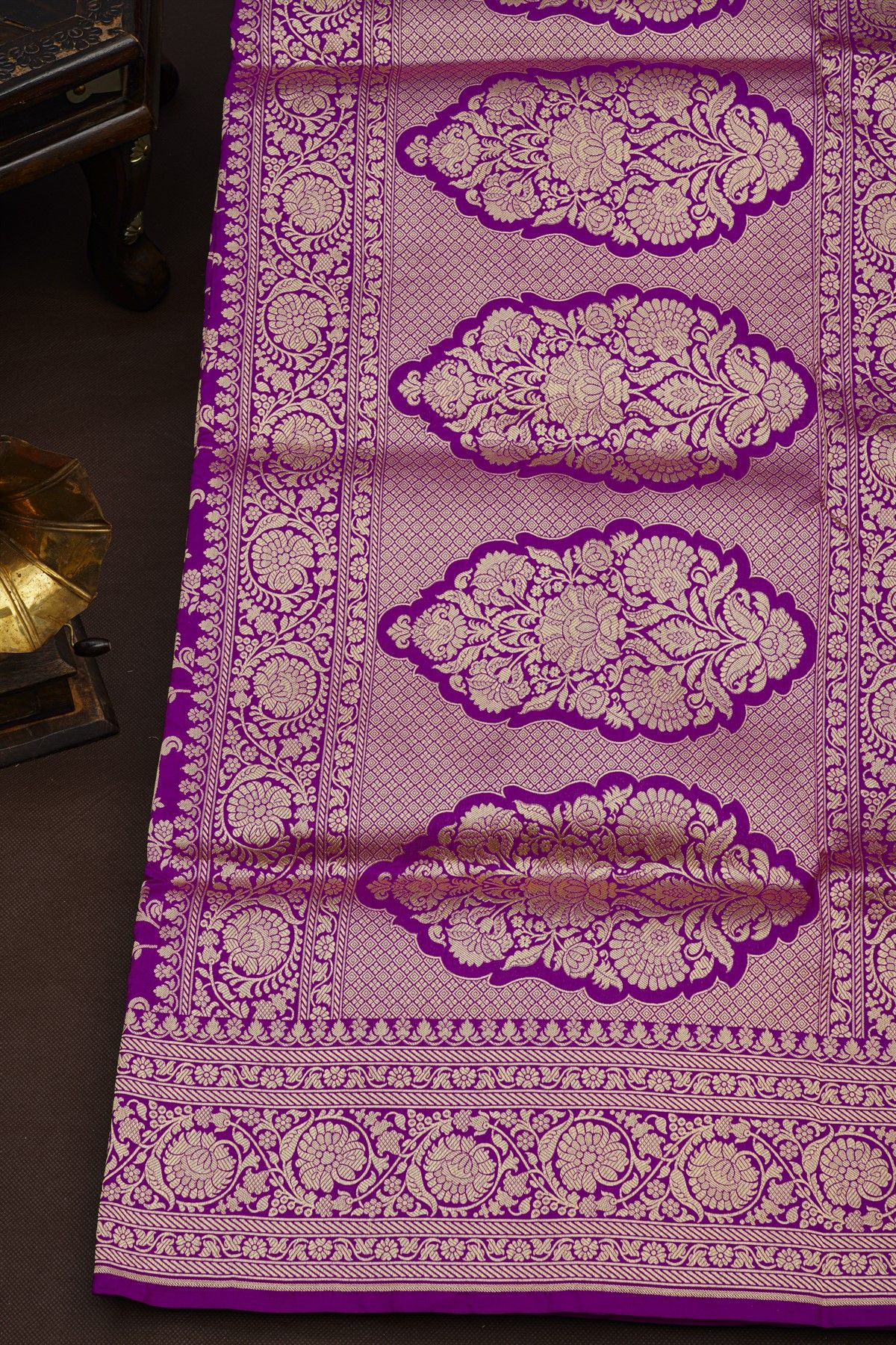 Banarasi Silk Violet Saree With Florals And Leaves Jaal Border