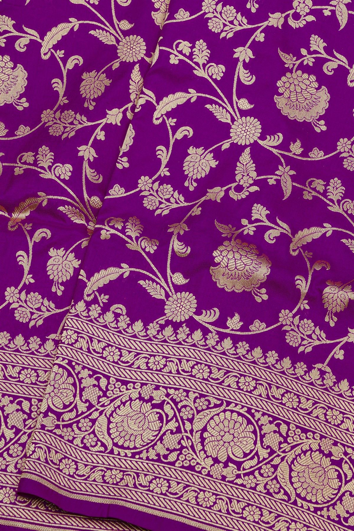 Banarasi Silk Violet Saree With Florals And Leaves Jaal Border