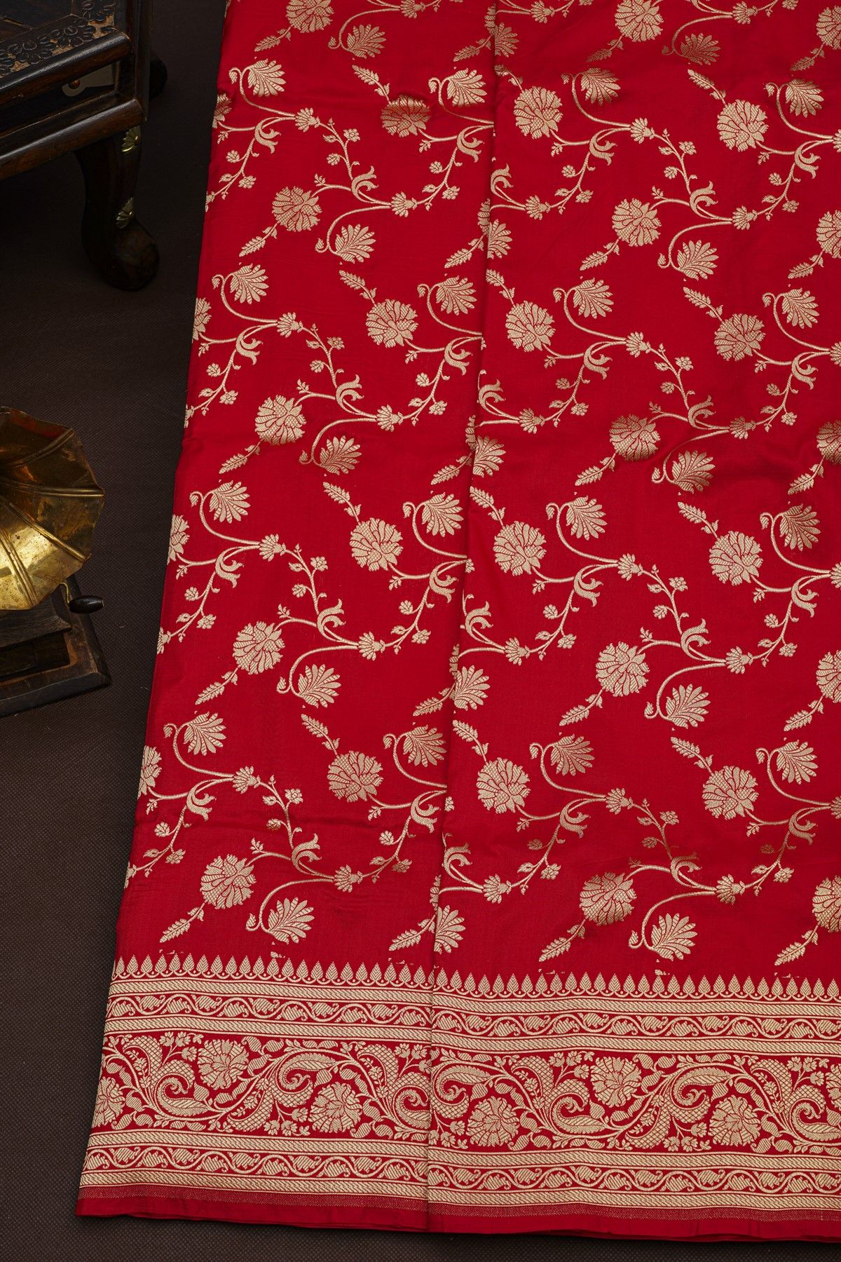 Banarasi Silk Red Saree With Florals And Leaves Jaal Border