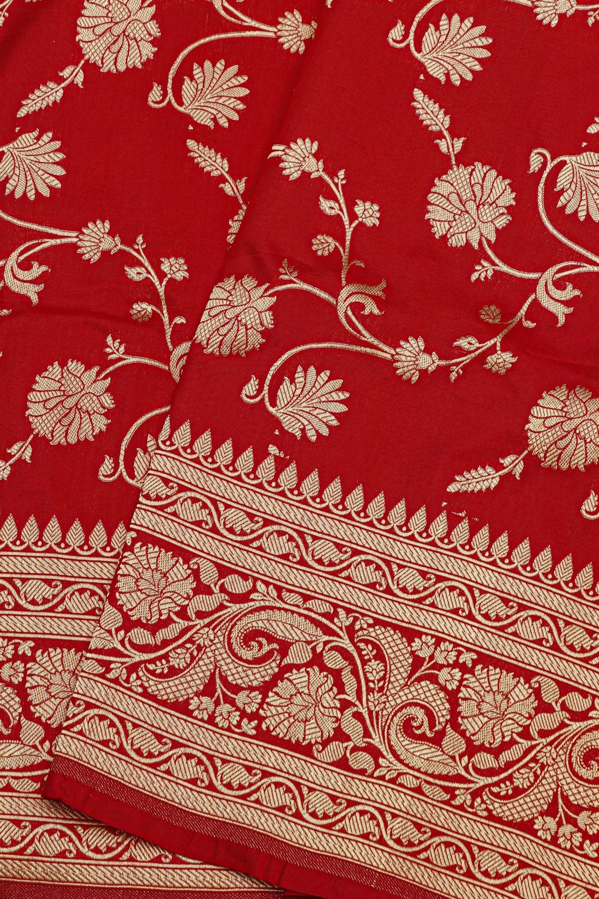 Banarasi Silk Red Saree With Florals And Leaves Jaal Border