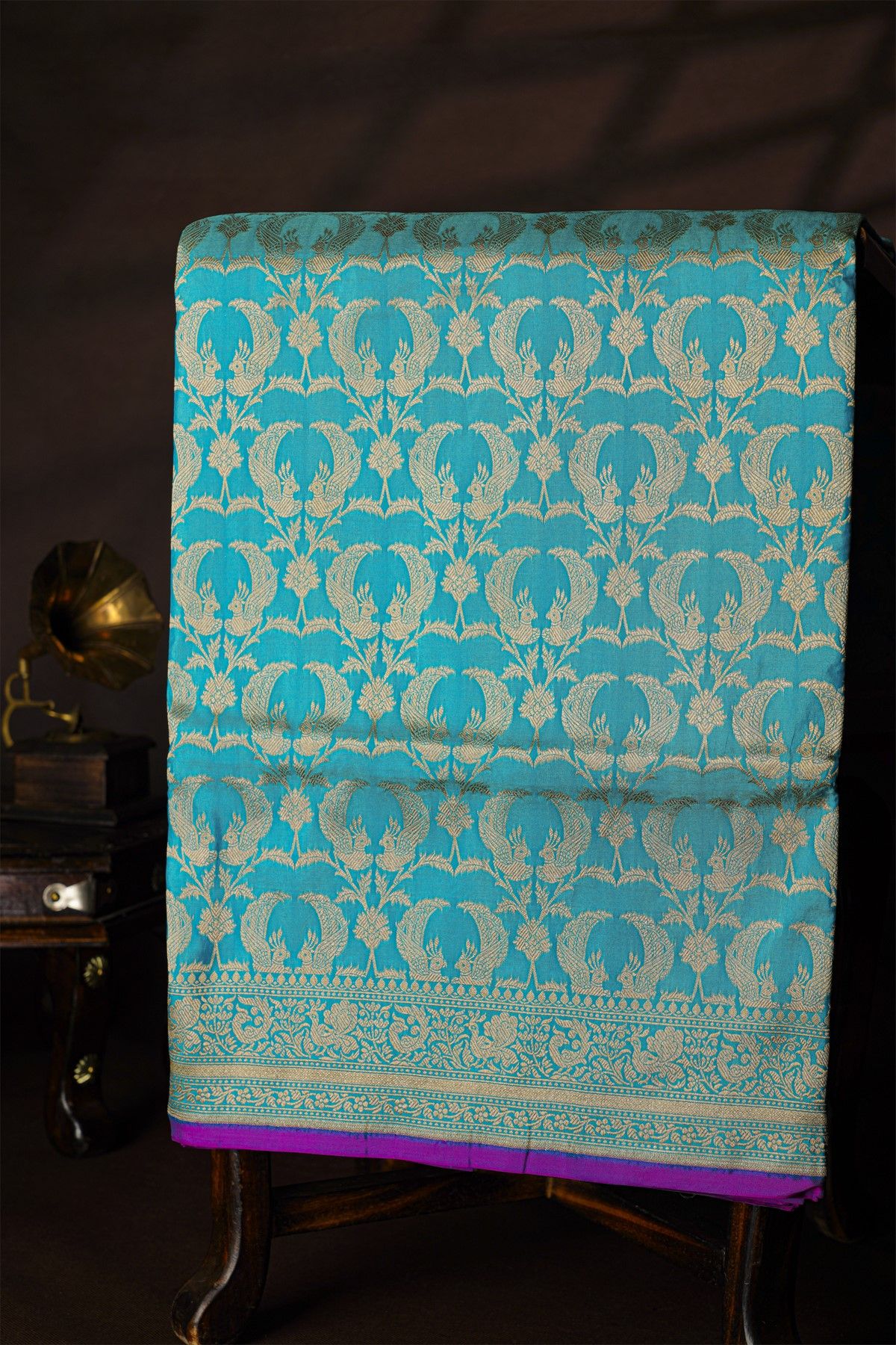 Banarasi Silk Sky Blue Saree With Floral And Bird Body