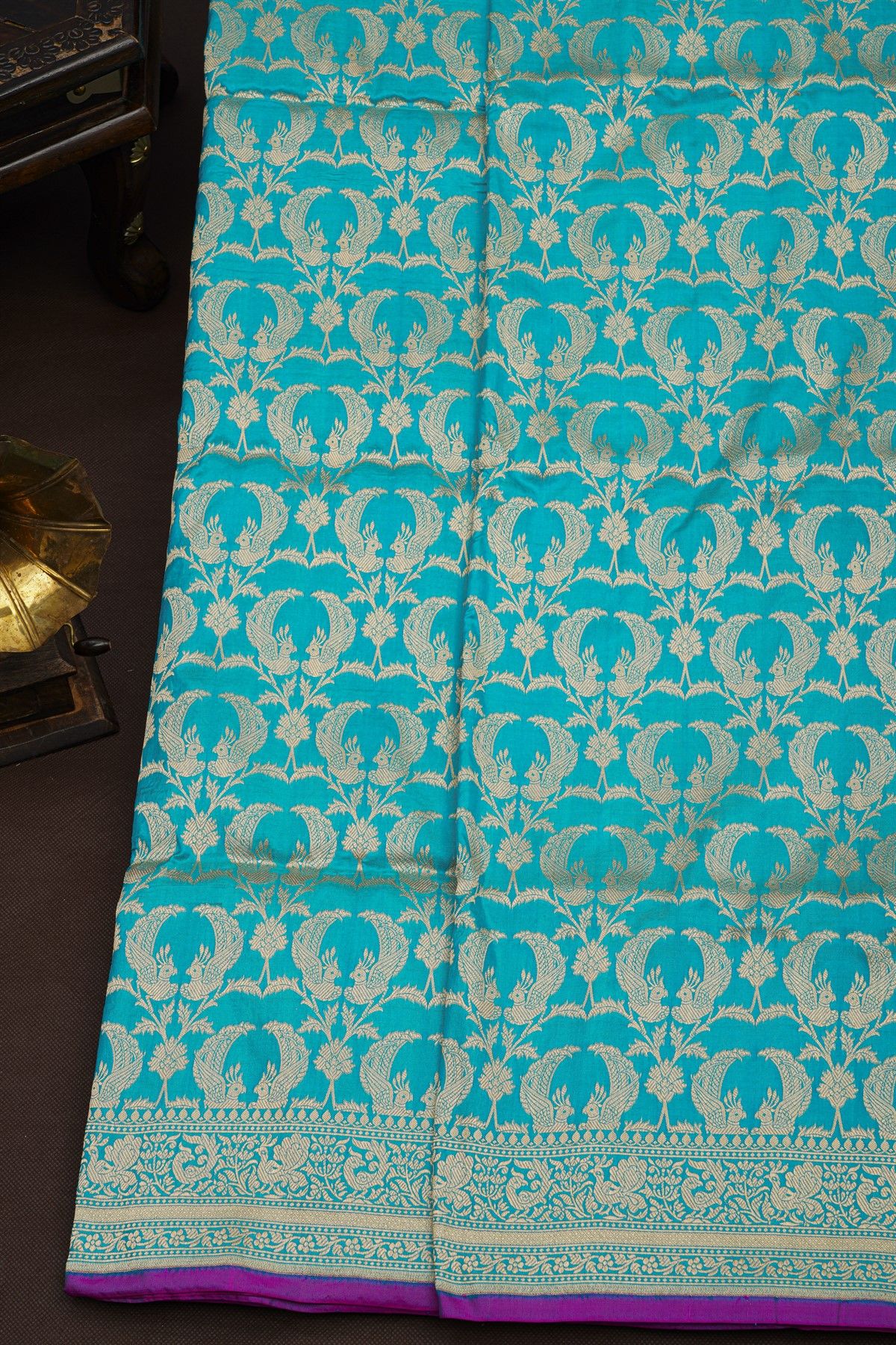 Banarasi Silk Sky Blue Saree With Floral And Bird Body