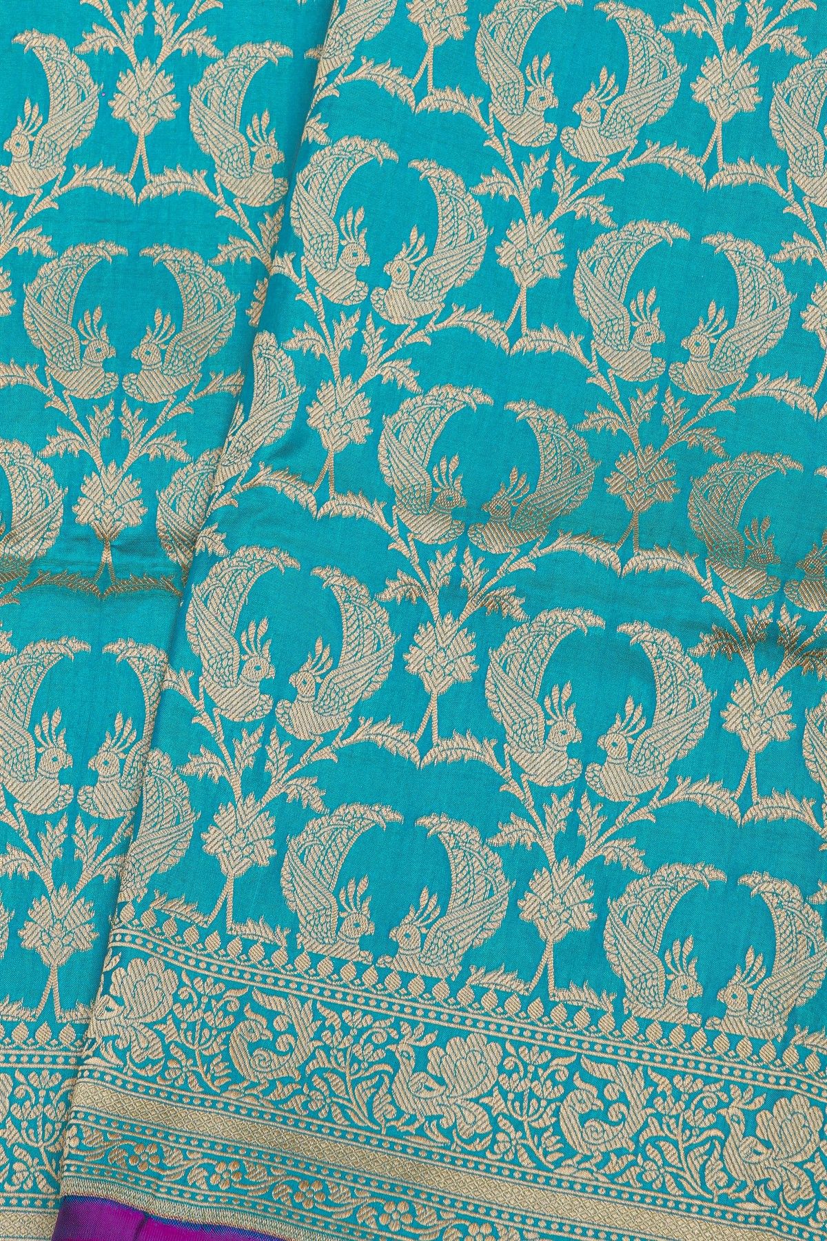 Banarasi Silk Sky Blue Saree With Floral And Bird Body