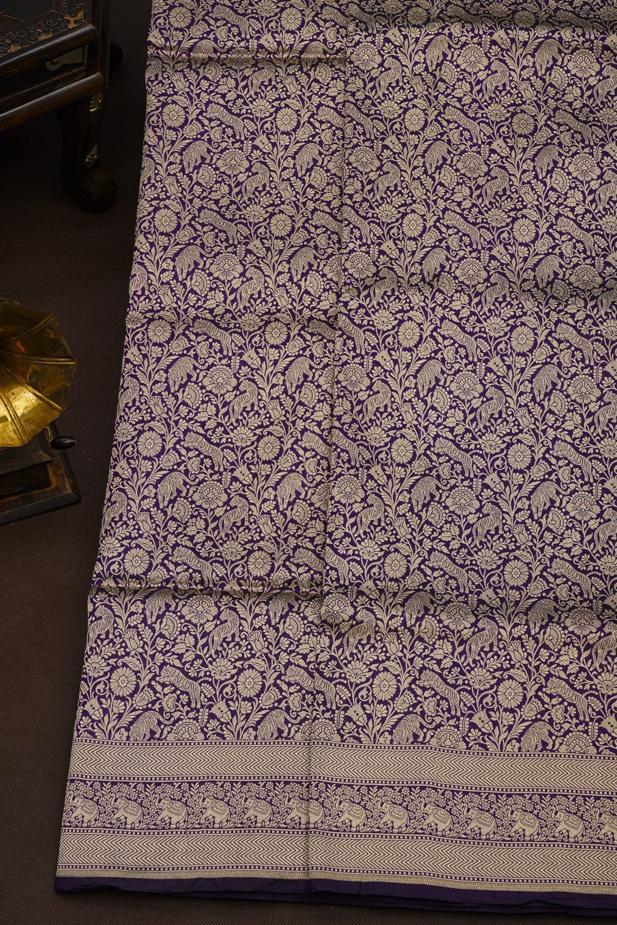 Banarasi Silk Dark Violet Saree With Floral And Animal Body