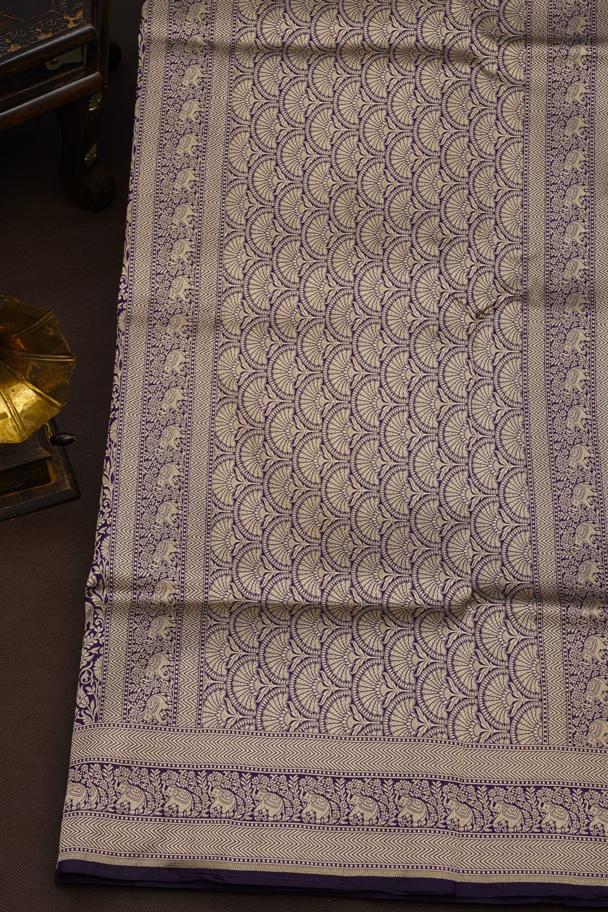 Banarasi Silk Dark Violet Saree With Floral And Animal Body