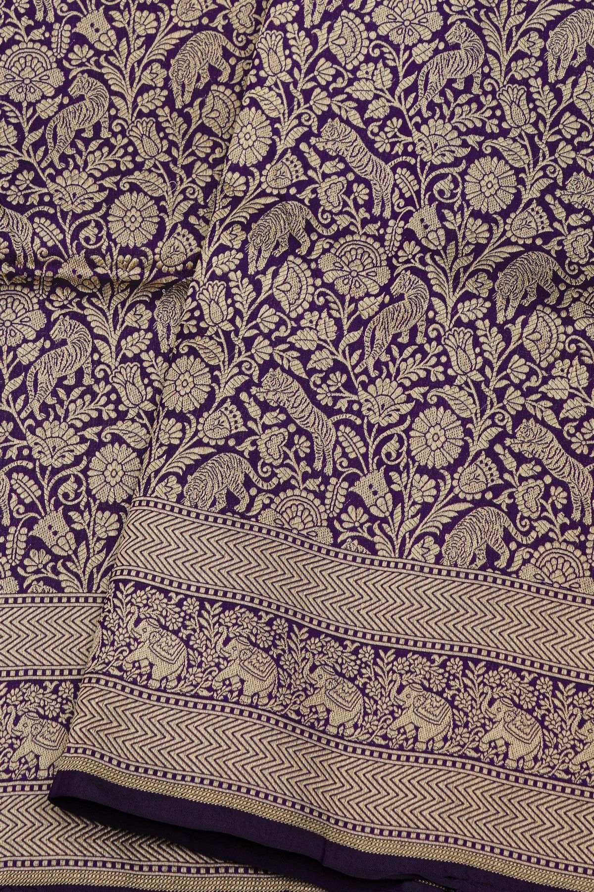 Banarasi Silk Dark Violet Saree With Floral And Animal Body