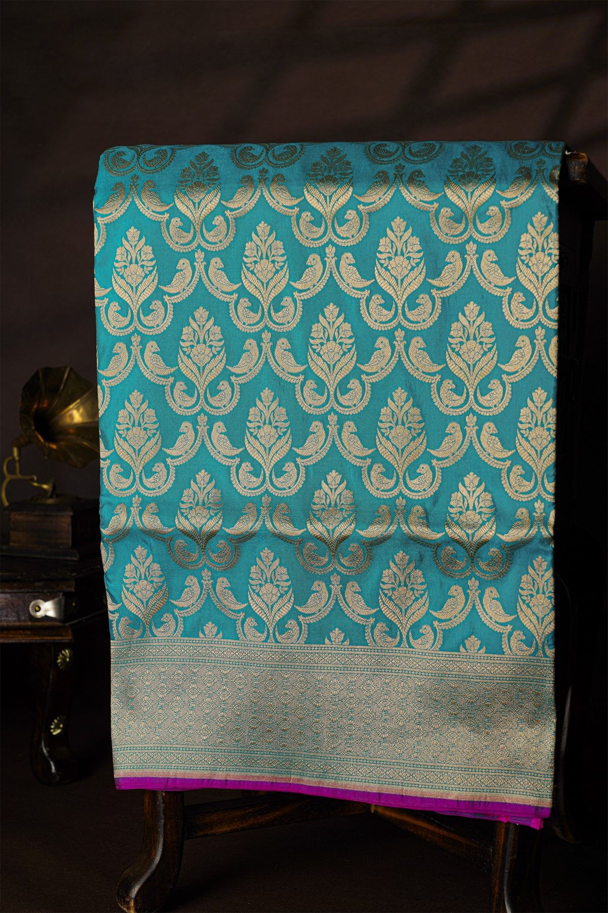 Banarasi Silk Sea Green Saree With Floral And Bird Body