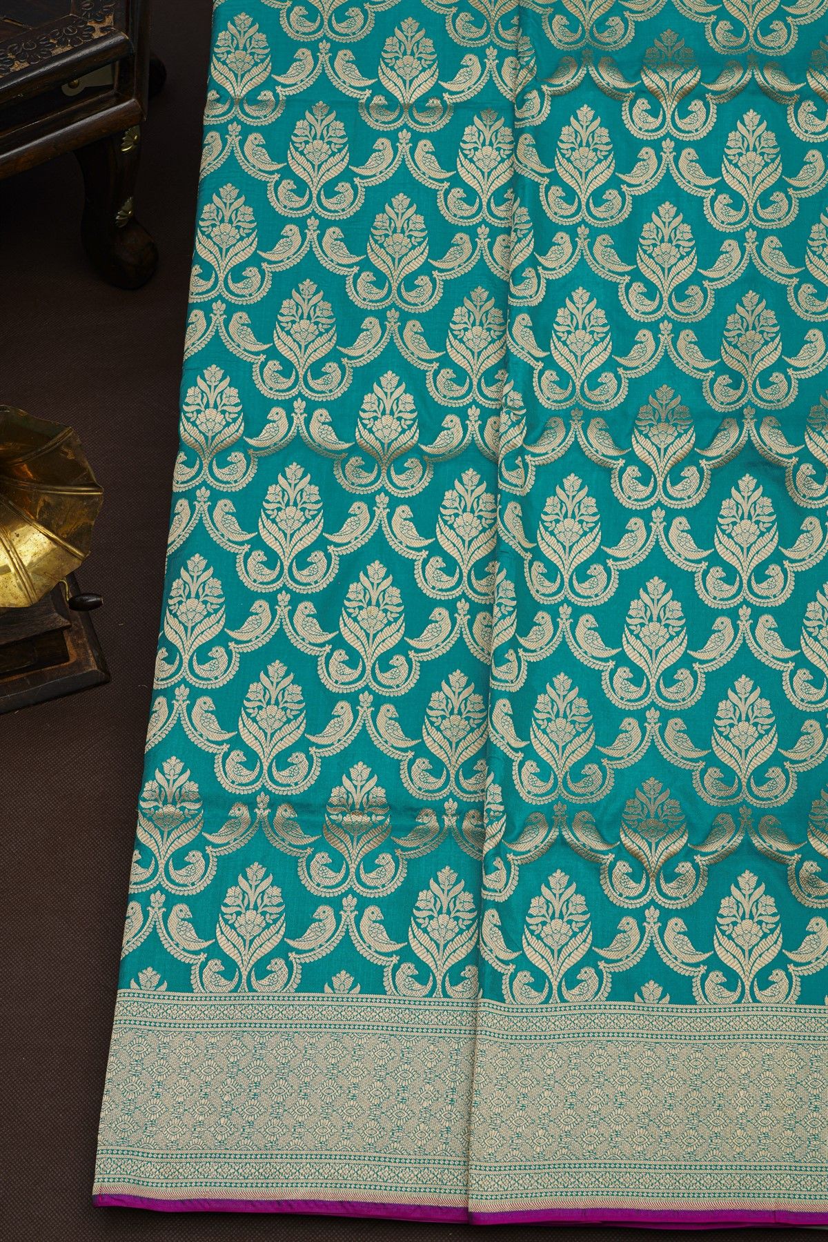 Banarasi Silk Sea Green Saree With Floral And Bird Body