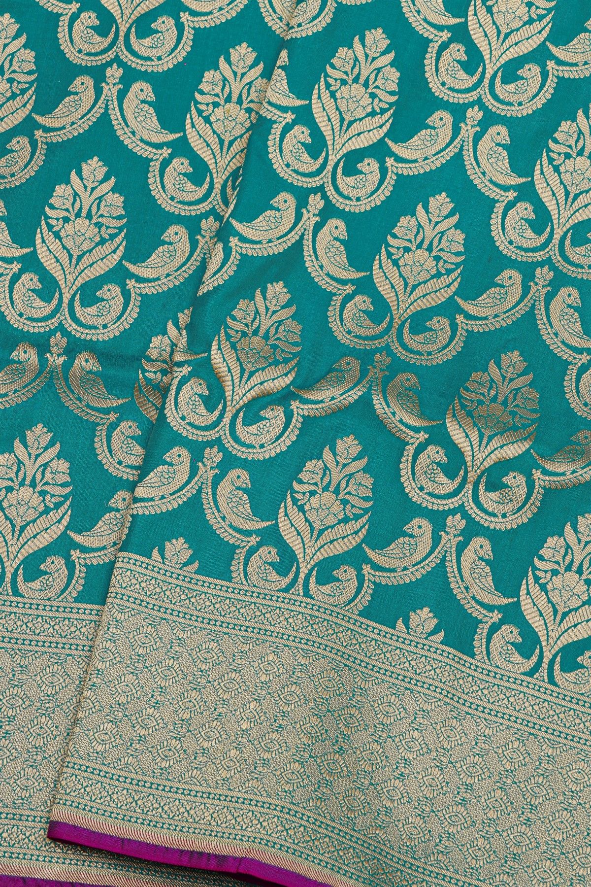 Banarasi Silk Sea Green Saree With Floral And Bird Body