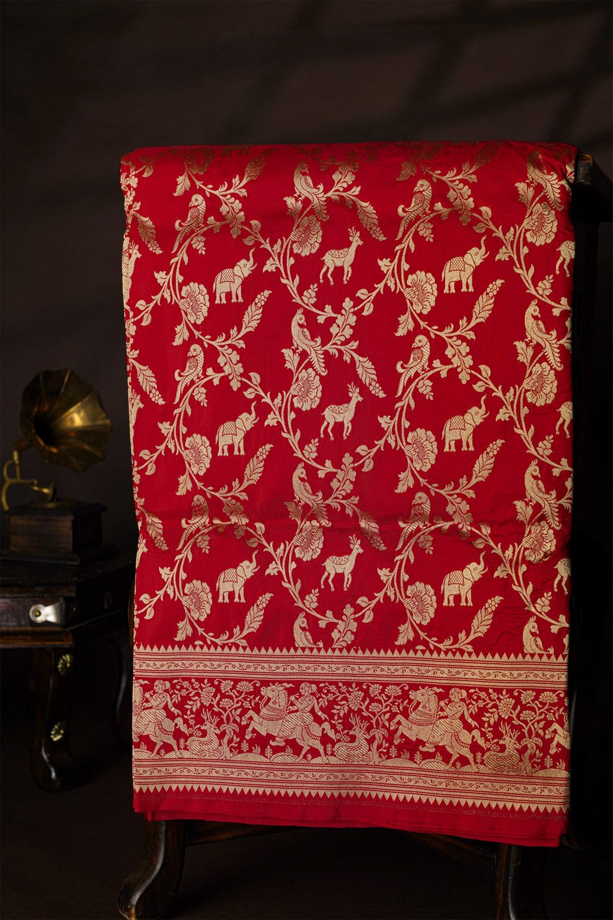 Banarasi Silk Red Saree With Birds And Women Motifs Border