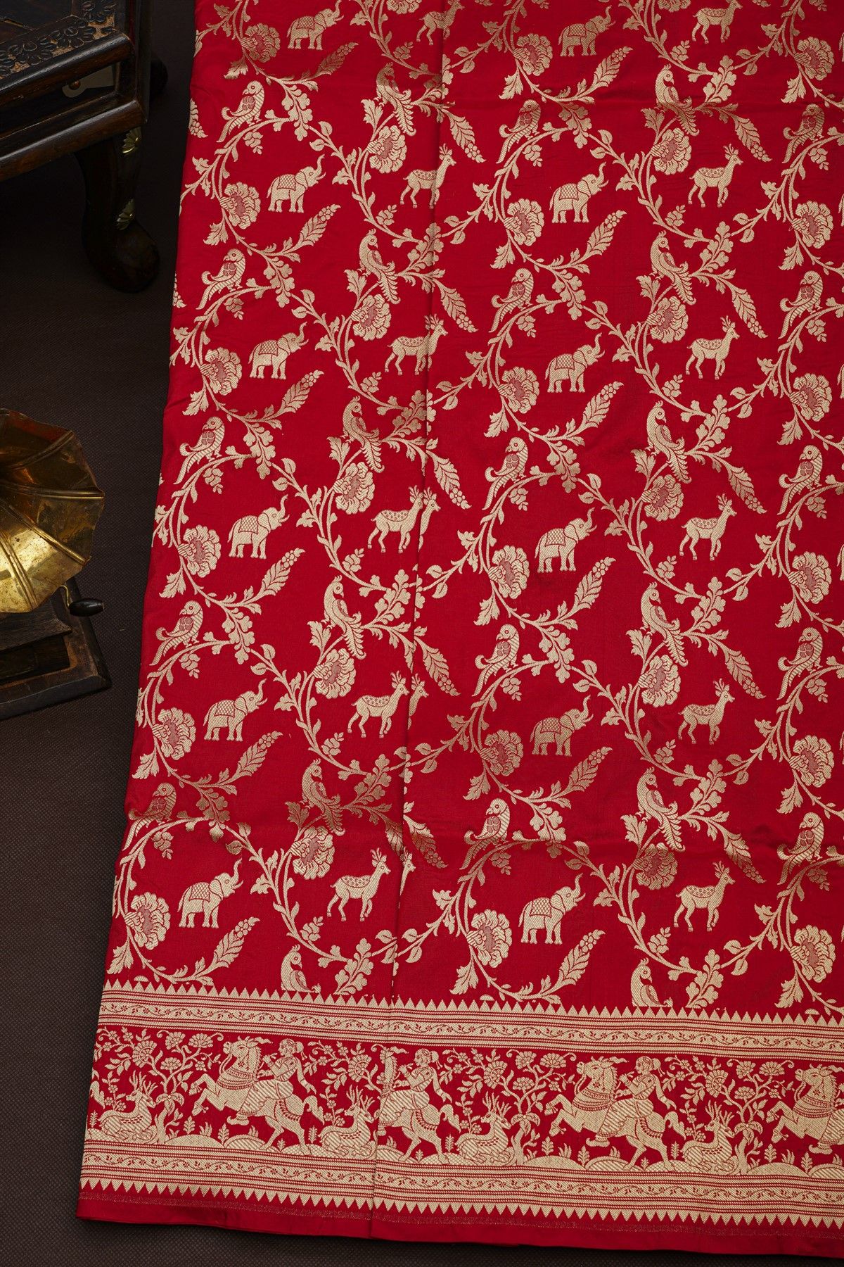 Banarasi Silk Red Saree With Birds And Women Motifs Border